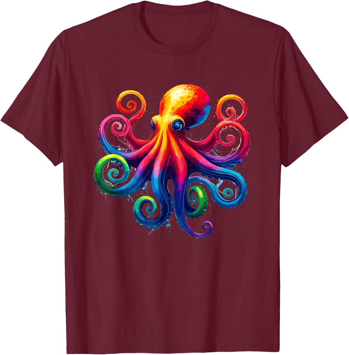 Vibrant Rainbow Octopus Psychedelic Art Sea Creature T-Shirt - T-Shirt | Maroon