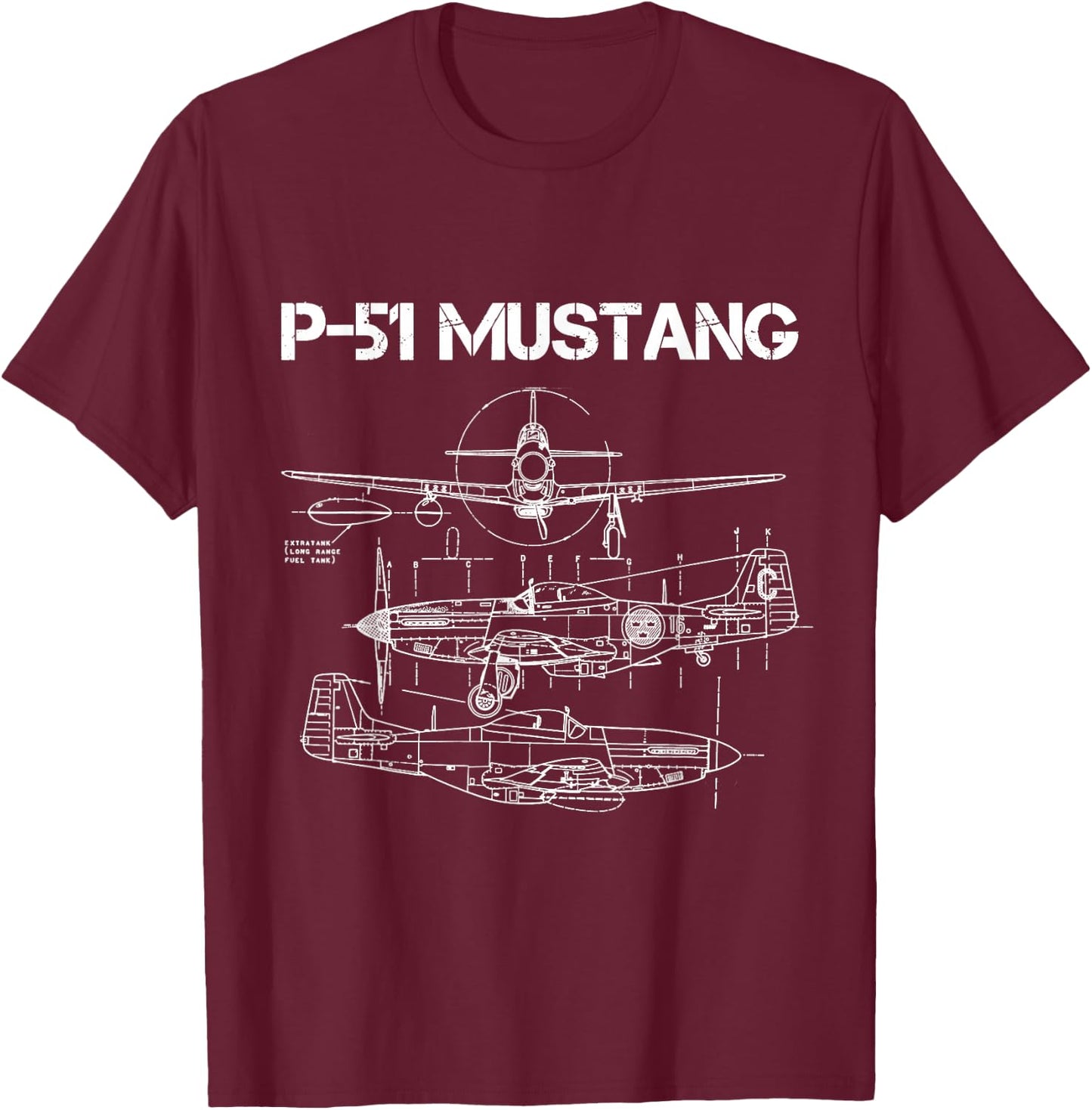 North American P-51 Mustang WW2 Fighter Blueprint T-Shirt - T-Shirt | Maroon