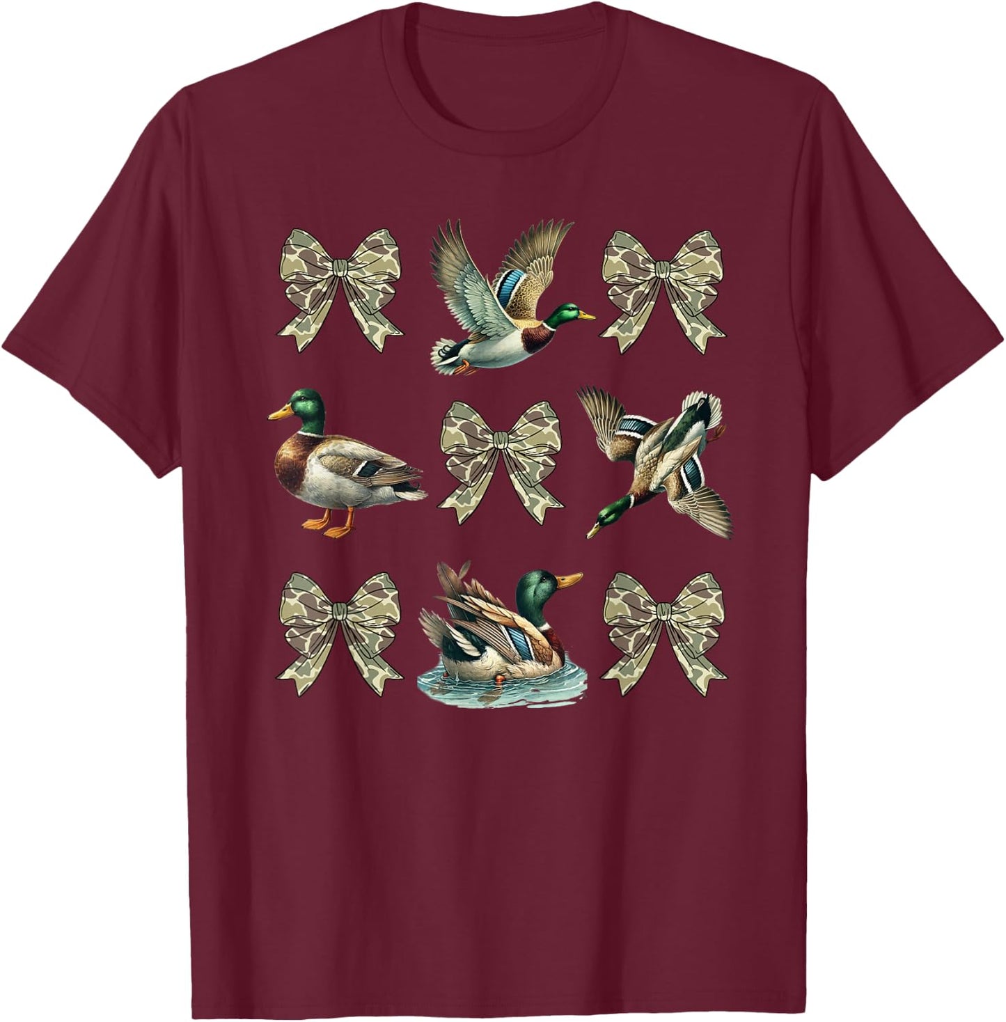 Mallard Duck Camouflage Camo Bow Duck Hunting Girls Camo T-Shirt - T-Shirt | Maroon