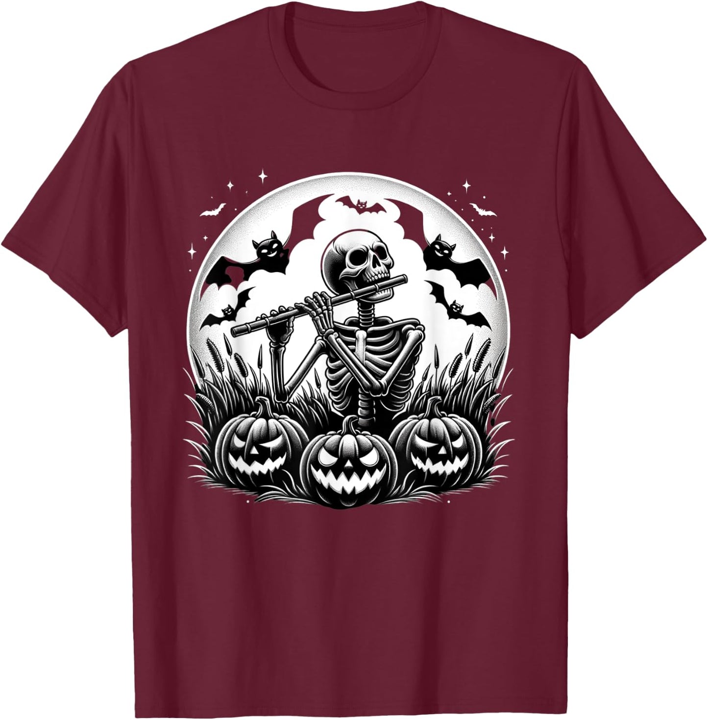 Funny Flute Skeleton Flutist Halloween Kids T-Shirt - T-Shirt | Maroon