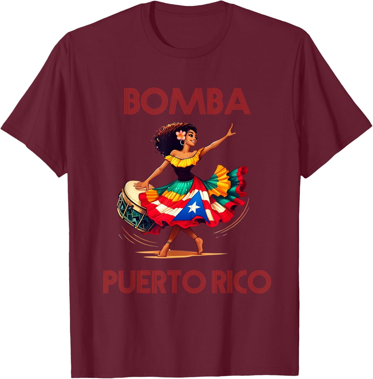 Puerto Rico Flag Hispanic Heritage Month Women Bomba Dancer T-Shirt - T-Shirt | Maroon