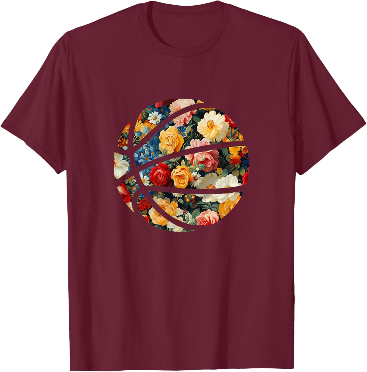 Basketball Silhouette Flowers Botanical Floral T-Shirt - T-Shirt | Maroon