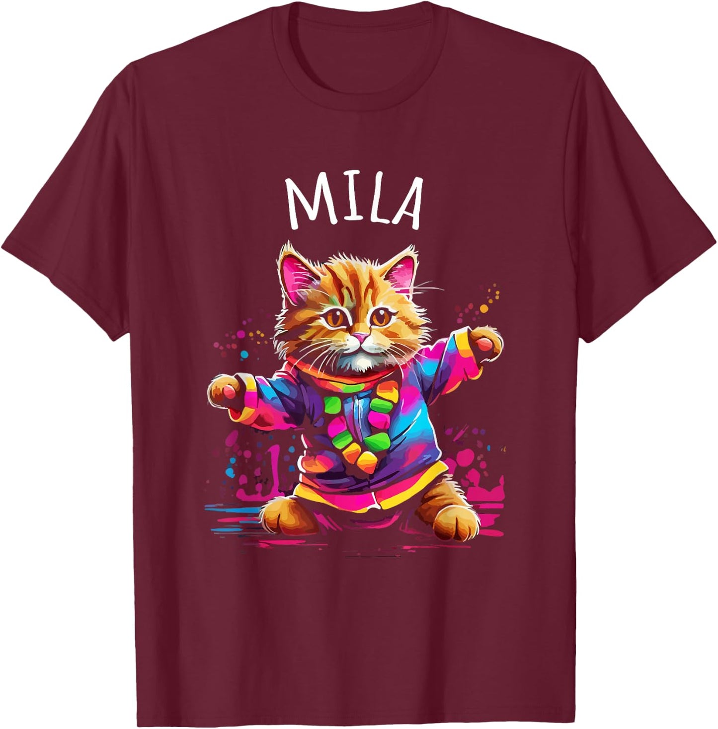 Mila Colorful Dancing Cat Design for Girls Name Mila T-Shirt - T-Shirt | Maroon