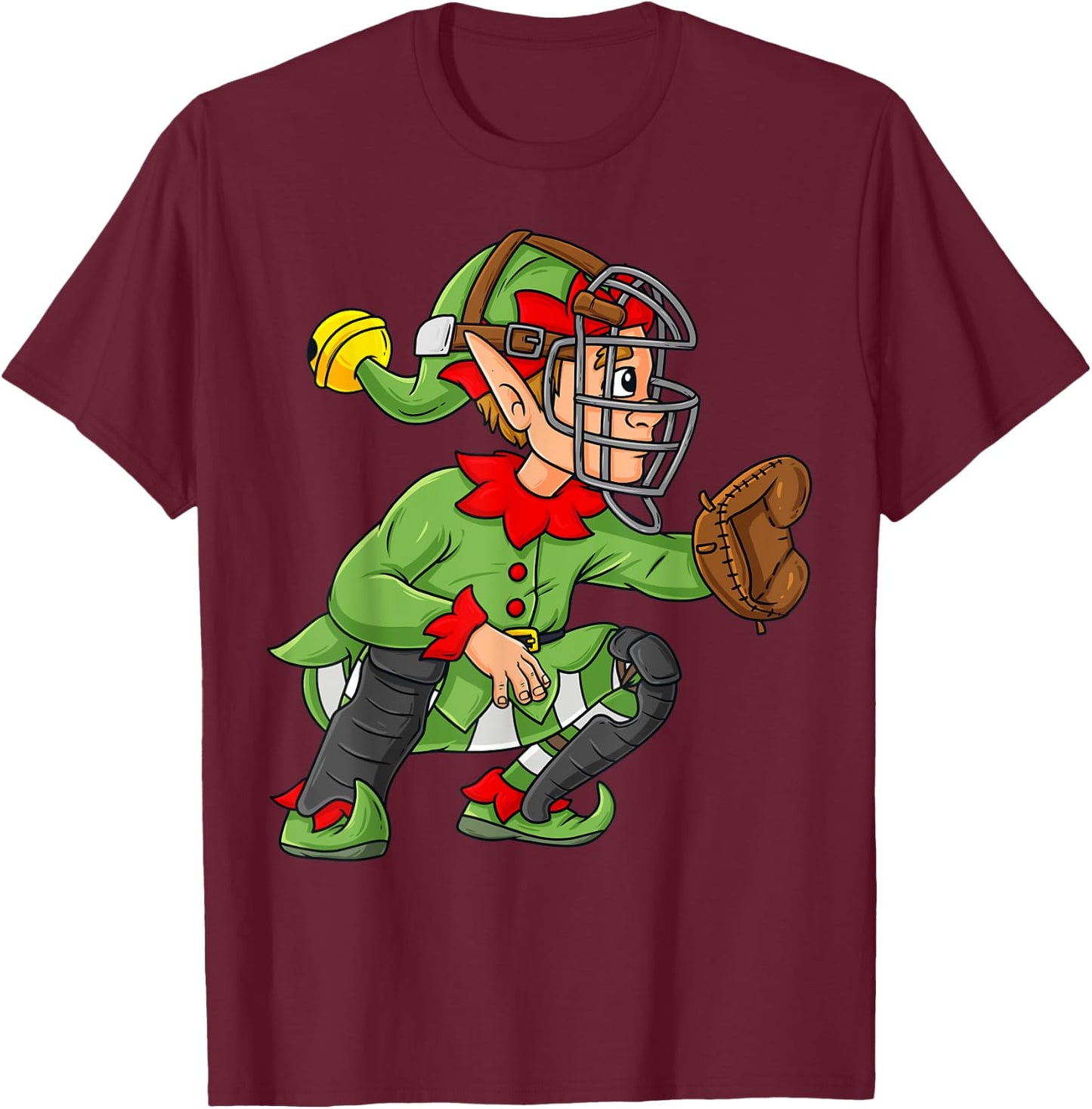 Christmas Elf Baseball Catcher Boys Girls Kids Pajama Xmas T-Shirt - T-Shirt | Maroon