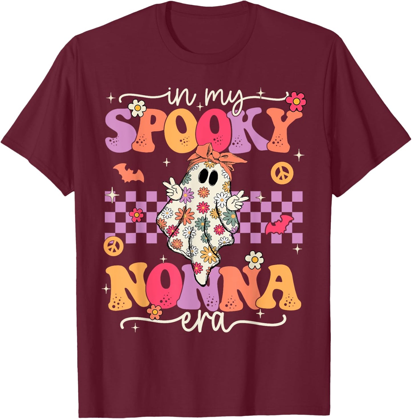 Groovy In My Spooky Nonna Era Hippie Halloween Floral Ghost T-Shirt - T-Shirt | Maroon