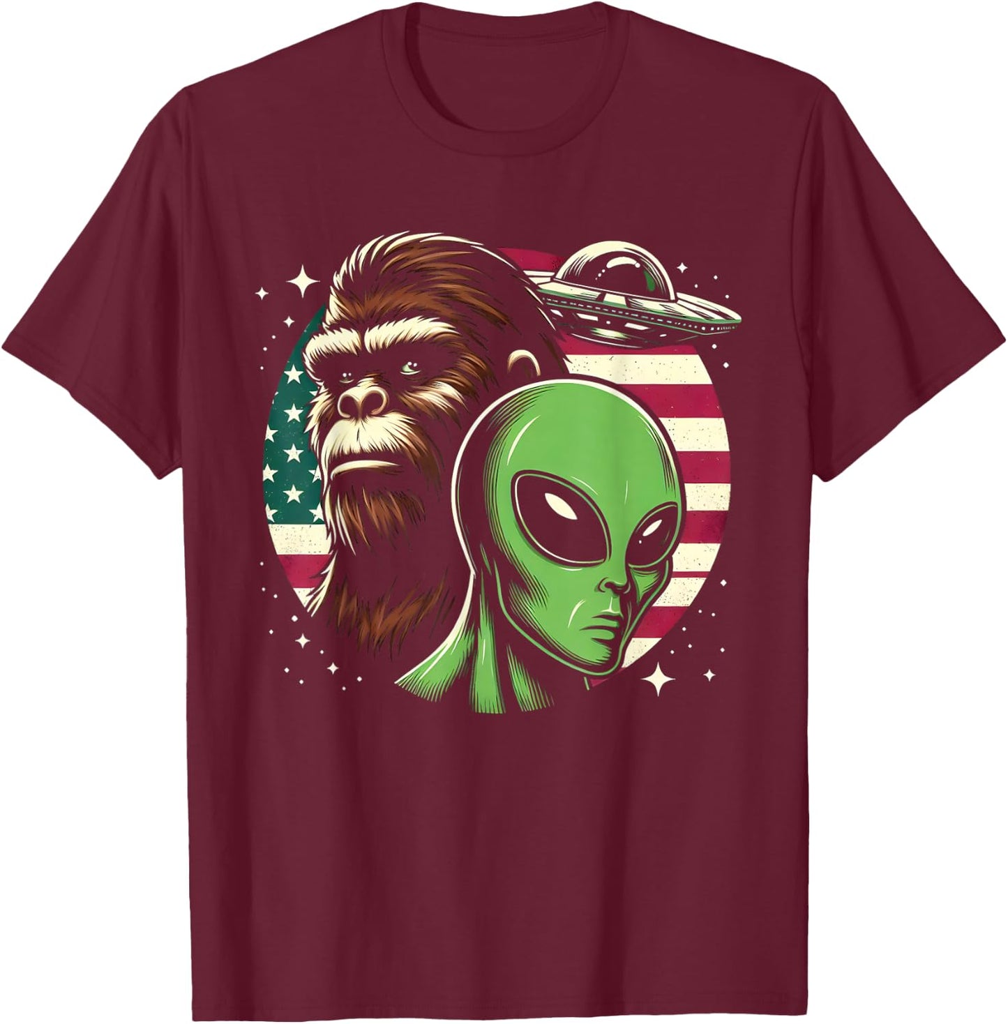 Bigfoot Sasquatch Alien UFO USA American Flag T-Shirt - T-Shirt | Maroon