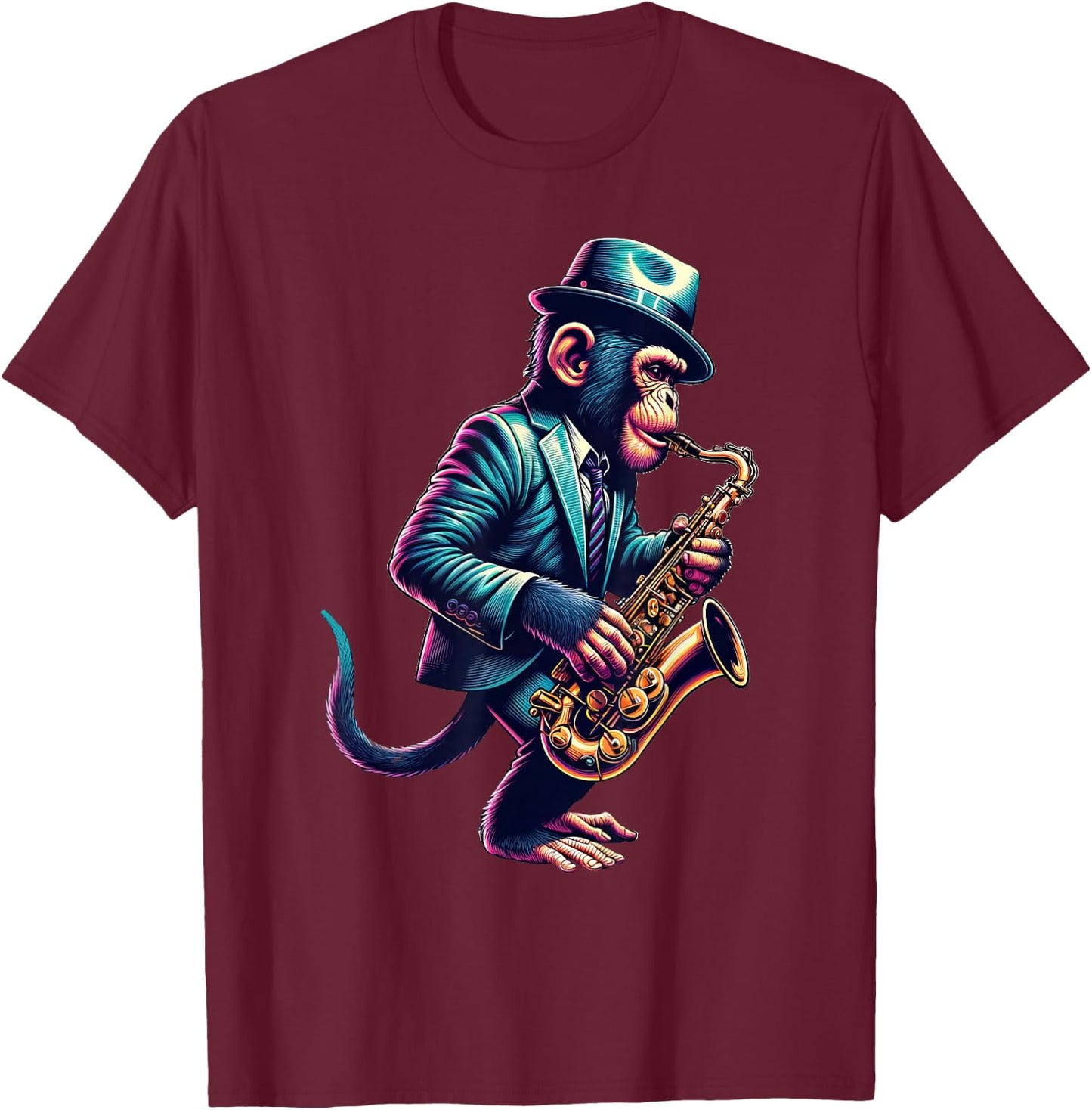 Cute Monkey Playing Saxophone Monkeys Musician Music T-Shirt - T-Shirt | Maroon