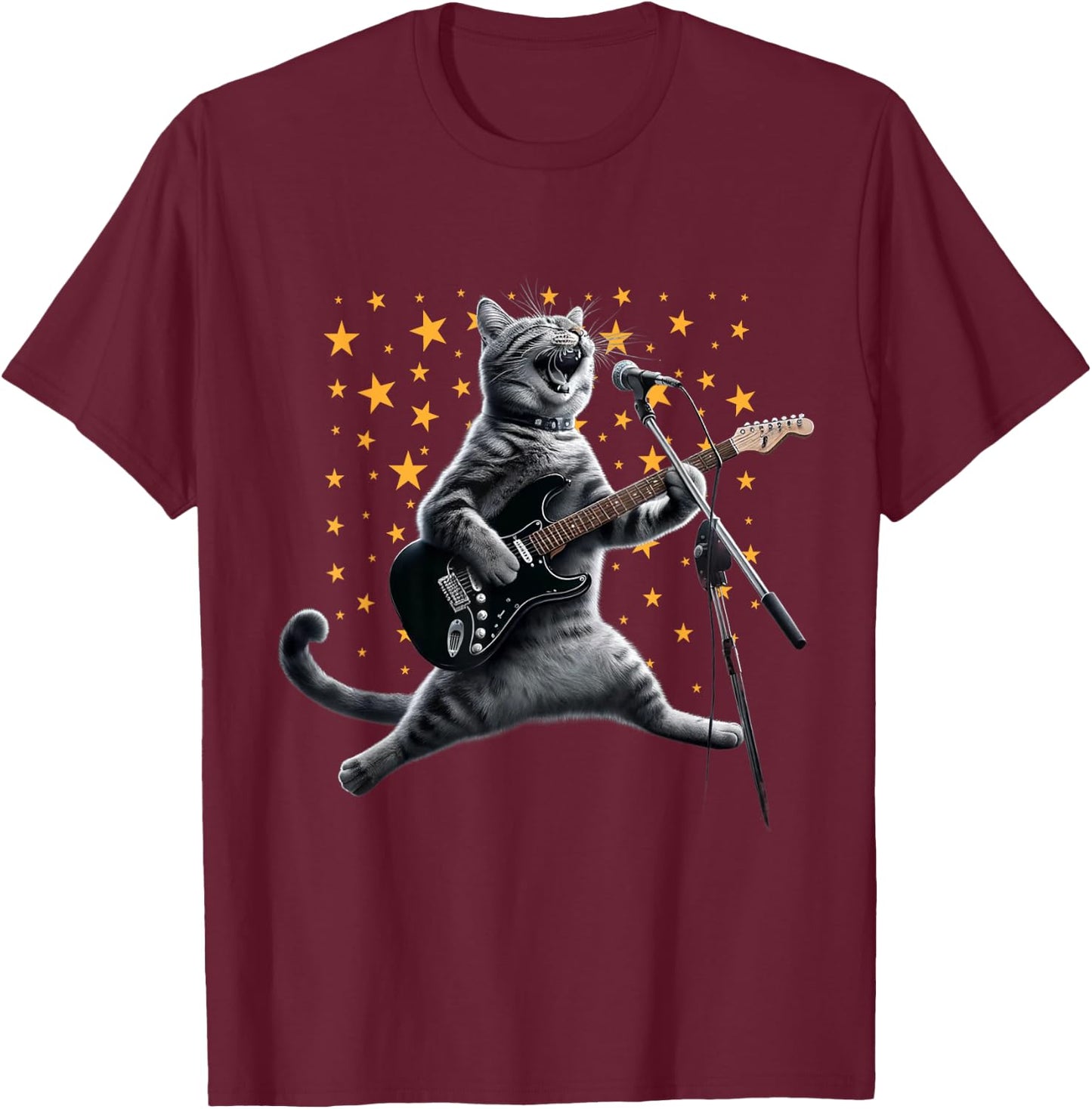 Rock Cat Playing Guitar Electric in space Funny kitty Galaxy T-Shirt - T-Shirt | Maroon