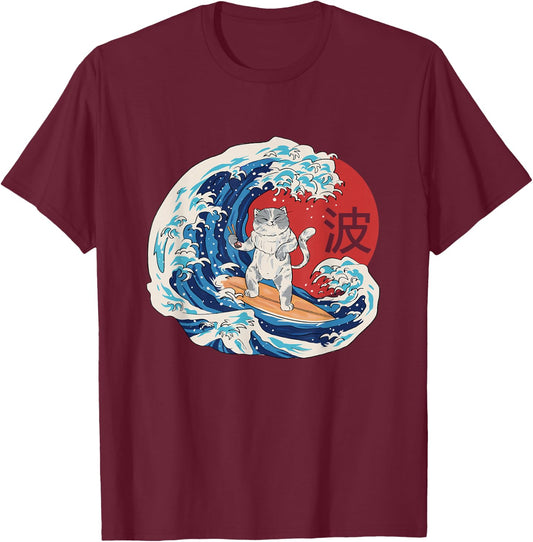 Cat Surfing Wave Japanese T-Shirt - T-Shirt | Maroon