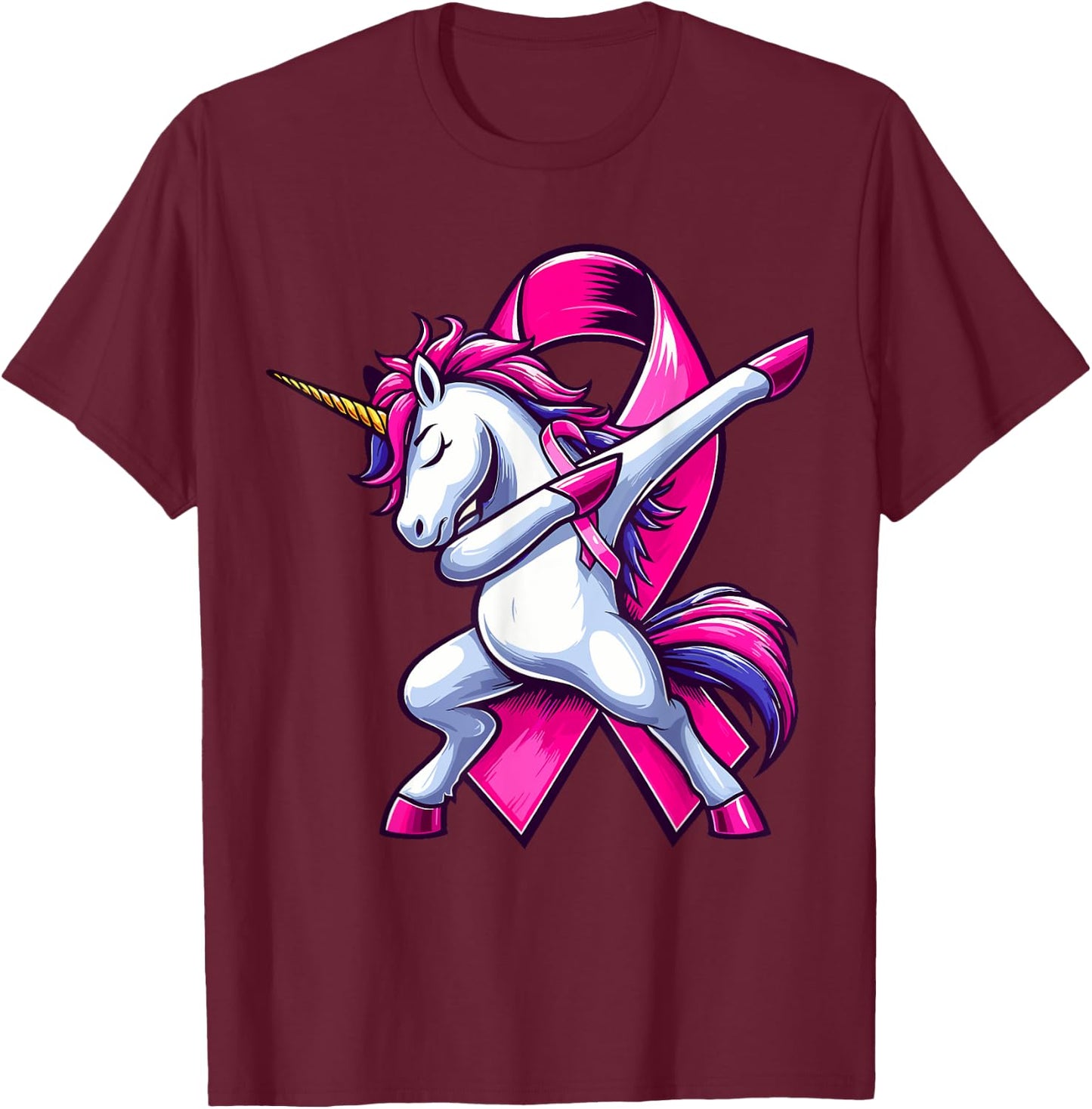 Pink Ribbon Unicorn Breast Cancer Awareness for Girls Kids T-Shirt - T-Shirt | Maroon