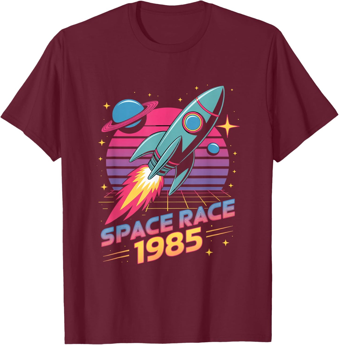 Space Race 1985 Retro Rocket Eighties Space T-Shirt - T-Shirt | Maroon
