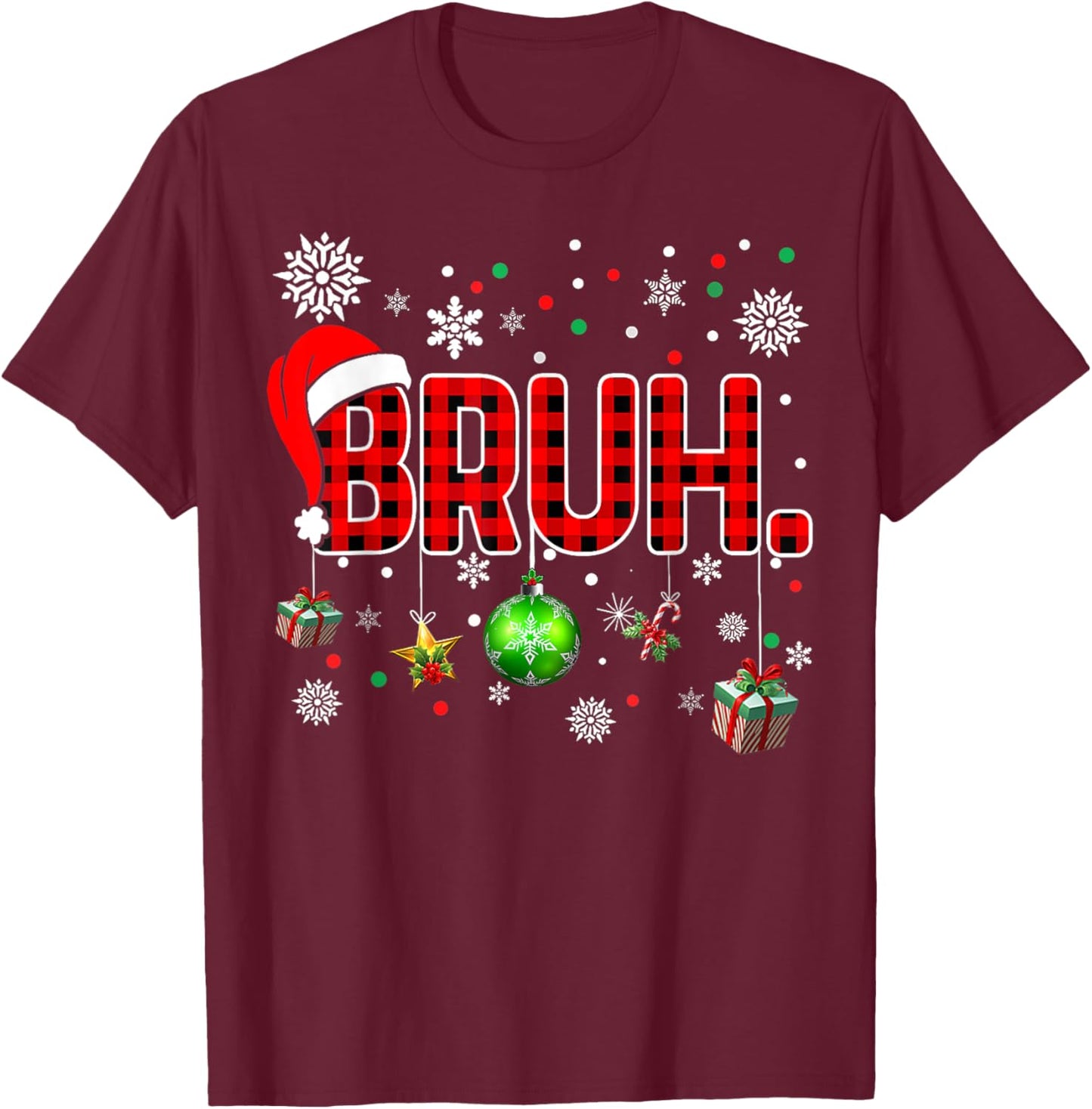 Bruh Funny Christmas Red Plaid Teens Boys Kids Xmas Pajamas T-Shirt - T-Shirt | Maroon