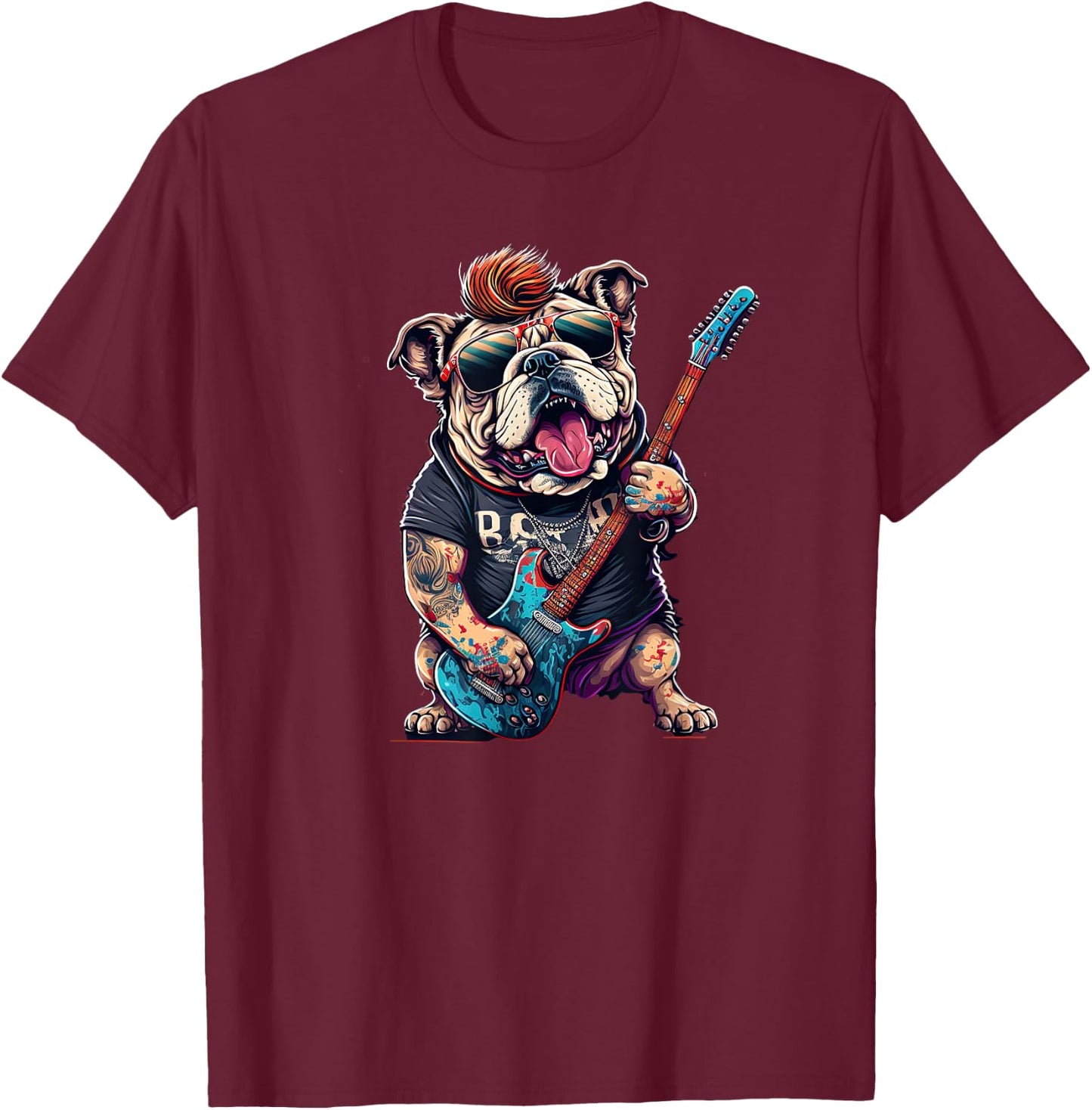 Funny Bulldog Dog Rock and Roll Rocker 80s 90s Women Girls Kids T-Shirt - T-Shirt | Maroon