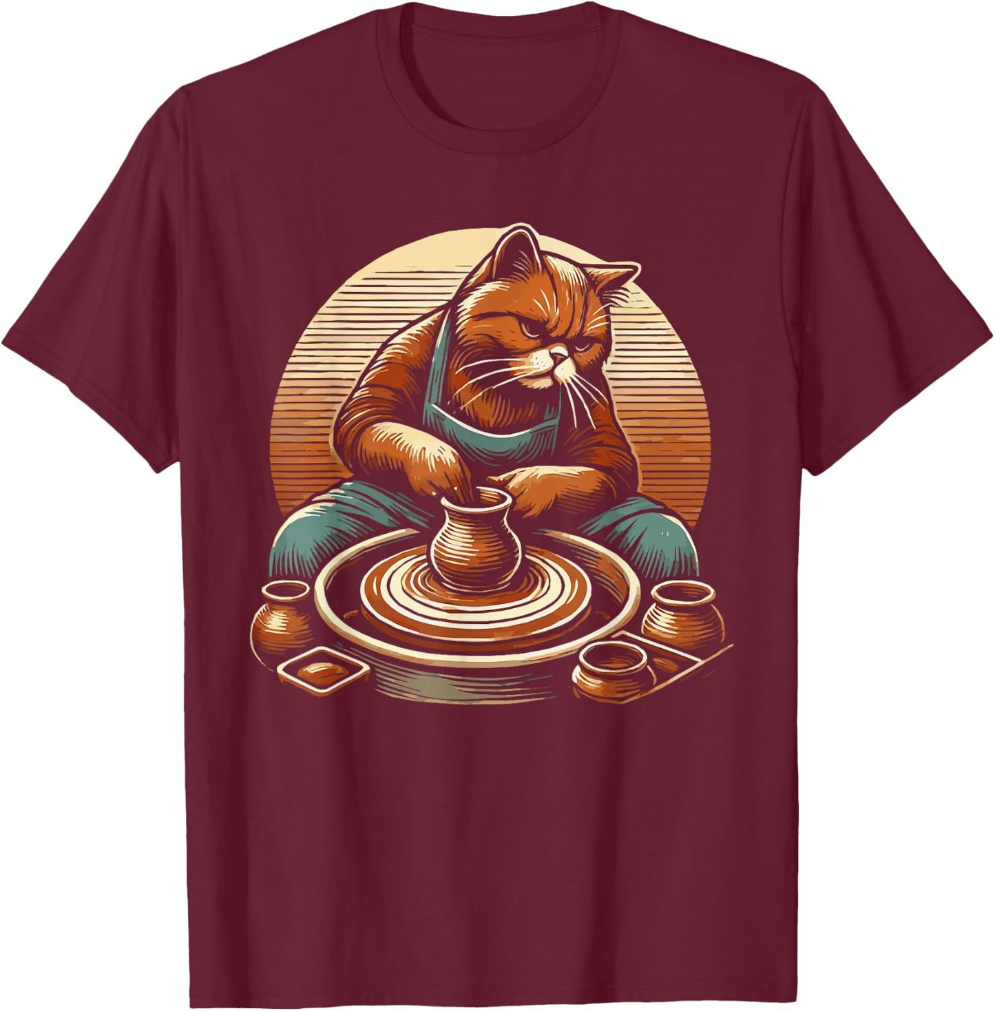 Cat Pottery Ceramics Clay Potter Kiln Pot Making T-Shirt - T-Shirt | Maroon