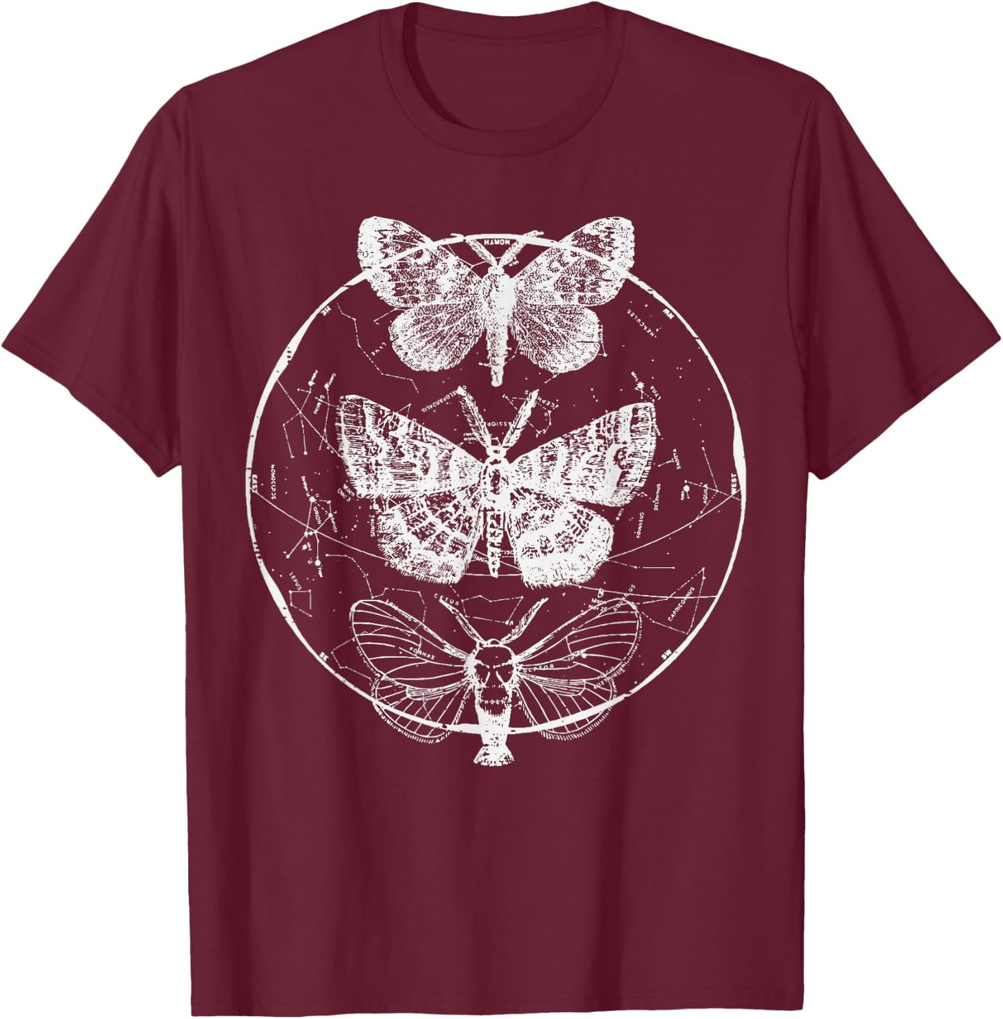 Moth Astrology Circle Constellations Stars Women Men Kids T-Shirt - T-Shirt | Maroon
