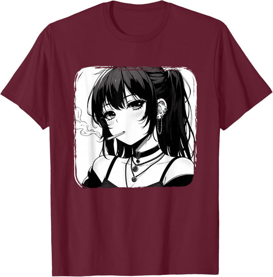 Anime Horror Girl Aesthetic Grunge Waifu Japanese Otaku T-Shirt - T-Shirt | Maroon
