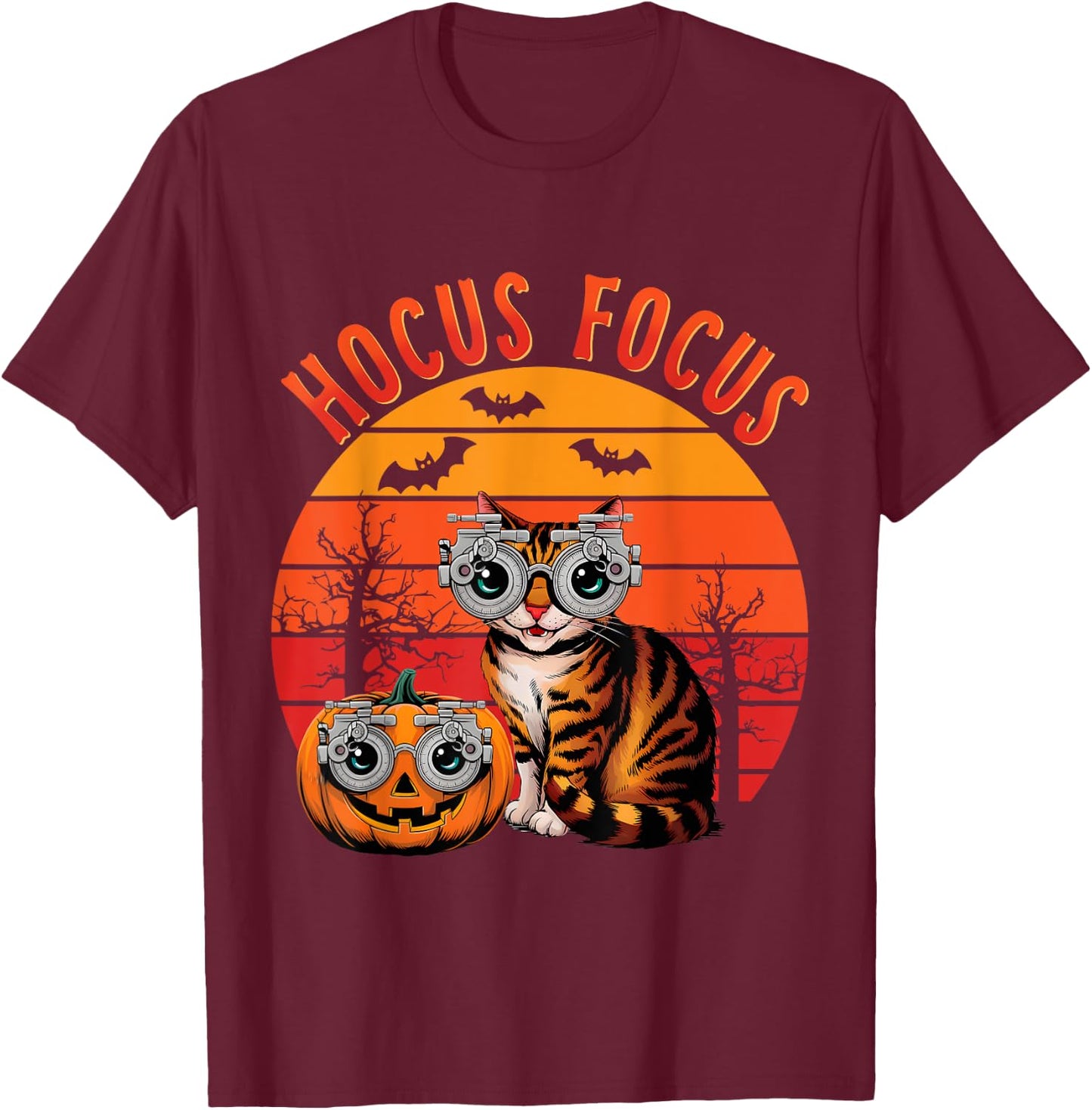 Hocus Focus Optometry Halloween Shirt Eye Doctor Cat Vintage T-Shirt - T-Shirt | Maroon