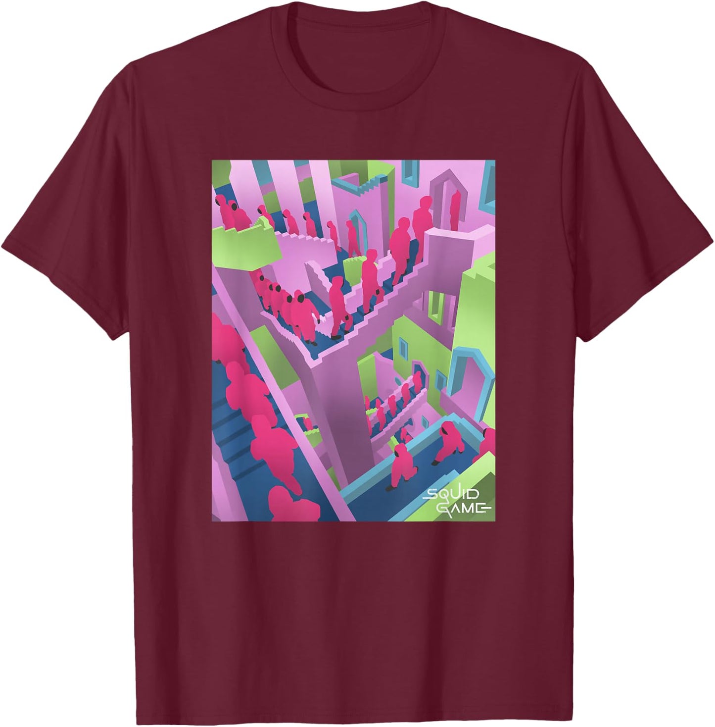 Squid Game Guards Stairs Neon Poster T-Shirt - T-Shirt | Maroon