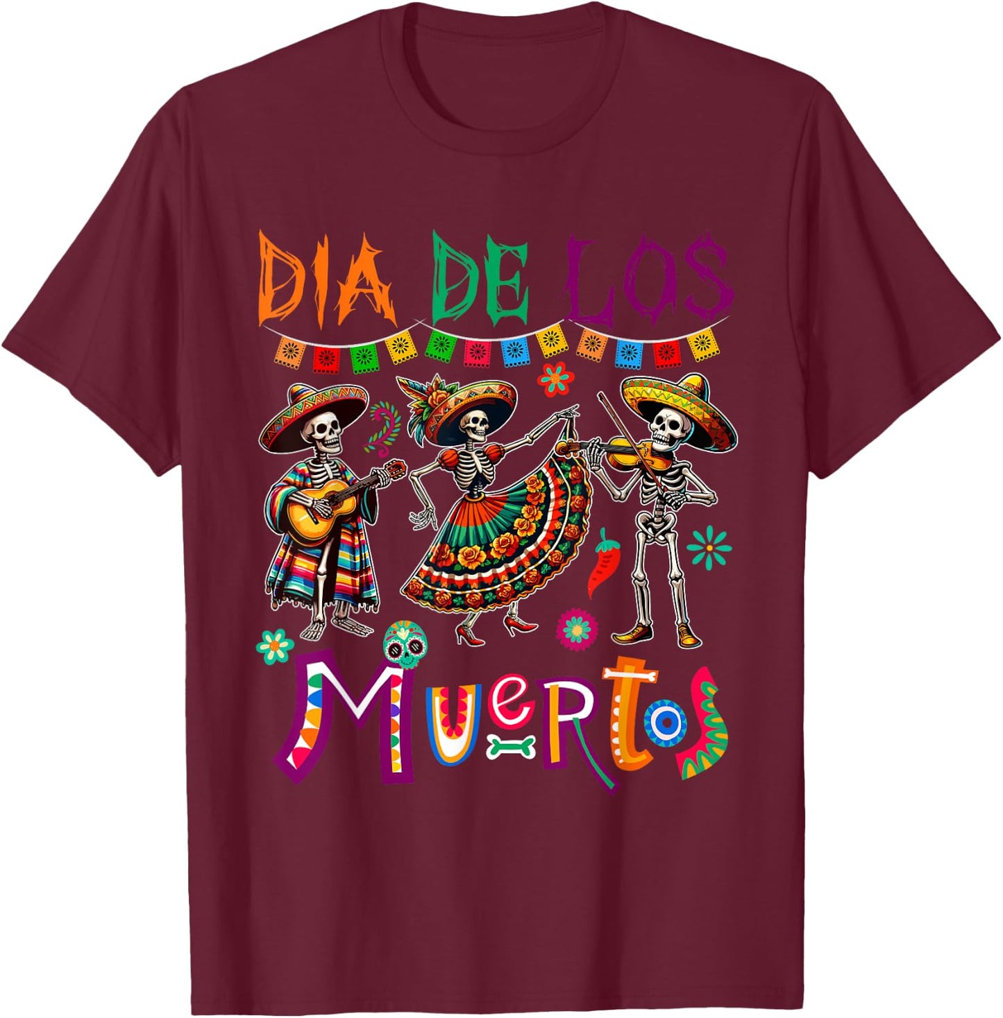 Dia De Los Muertos Three Floral Skeletons Mexican Dancing T-Shirt - T-Shirt | Maroon