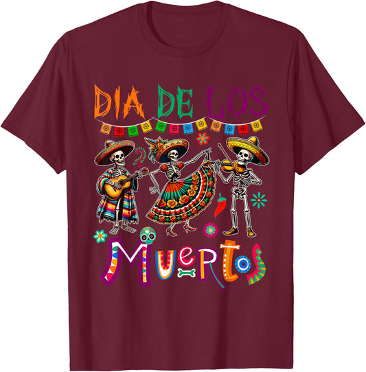 Dia De Los Muertos Three Floral Skeletons Mexican Dancing T-Shirt - T-Shirt | Maroon