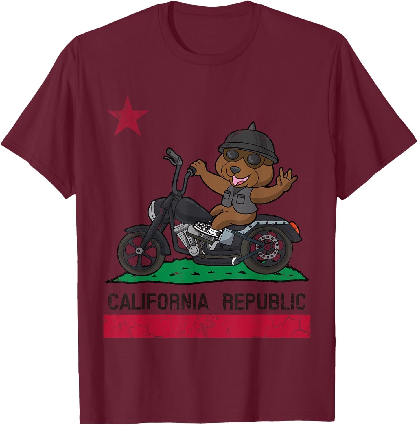 California Republic Flag Bear Biker Motorcycle T-Shirt - T-Shirt | Maroon