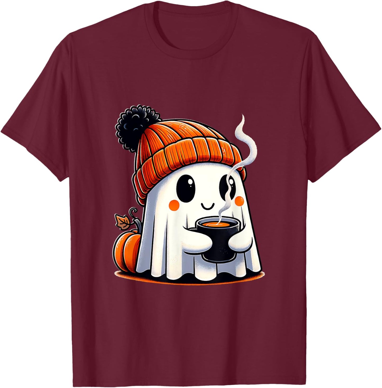 Halloween Cute Kawaii Ghost Drinking Coffee Women Men Kids T-Shirt - T-Shirt | Maroon