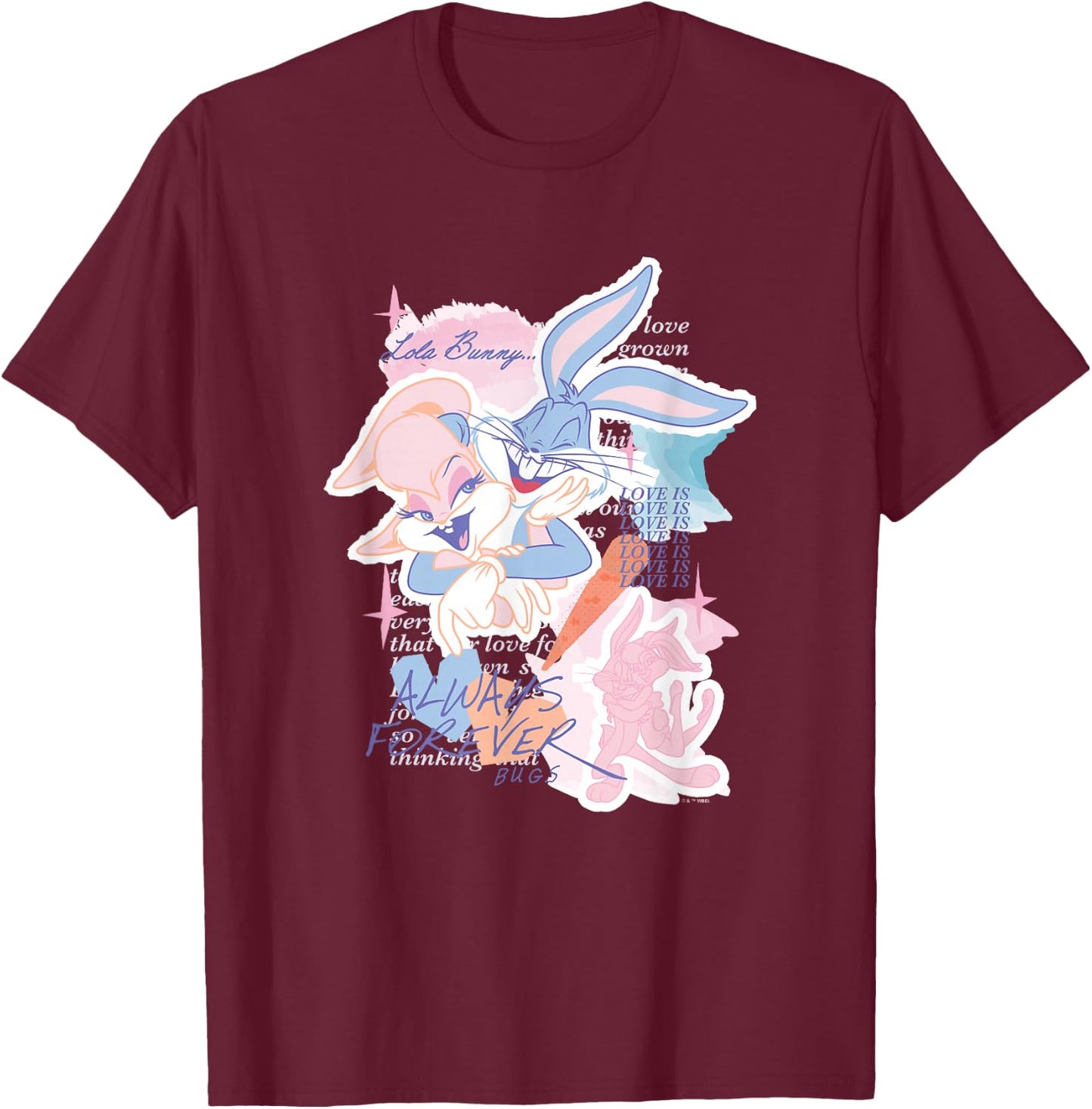 Looney Tunes Bugs Bunny Lola Bunny Always Forever Love Logo T-Shirt - T-Shirt | Maroon