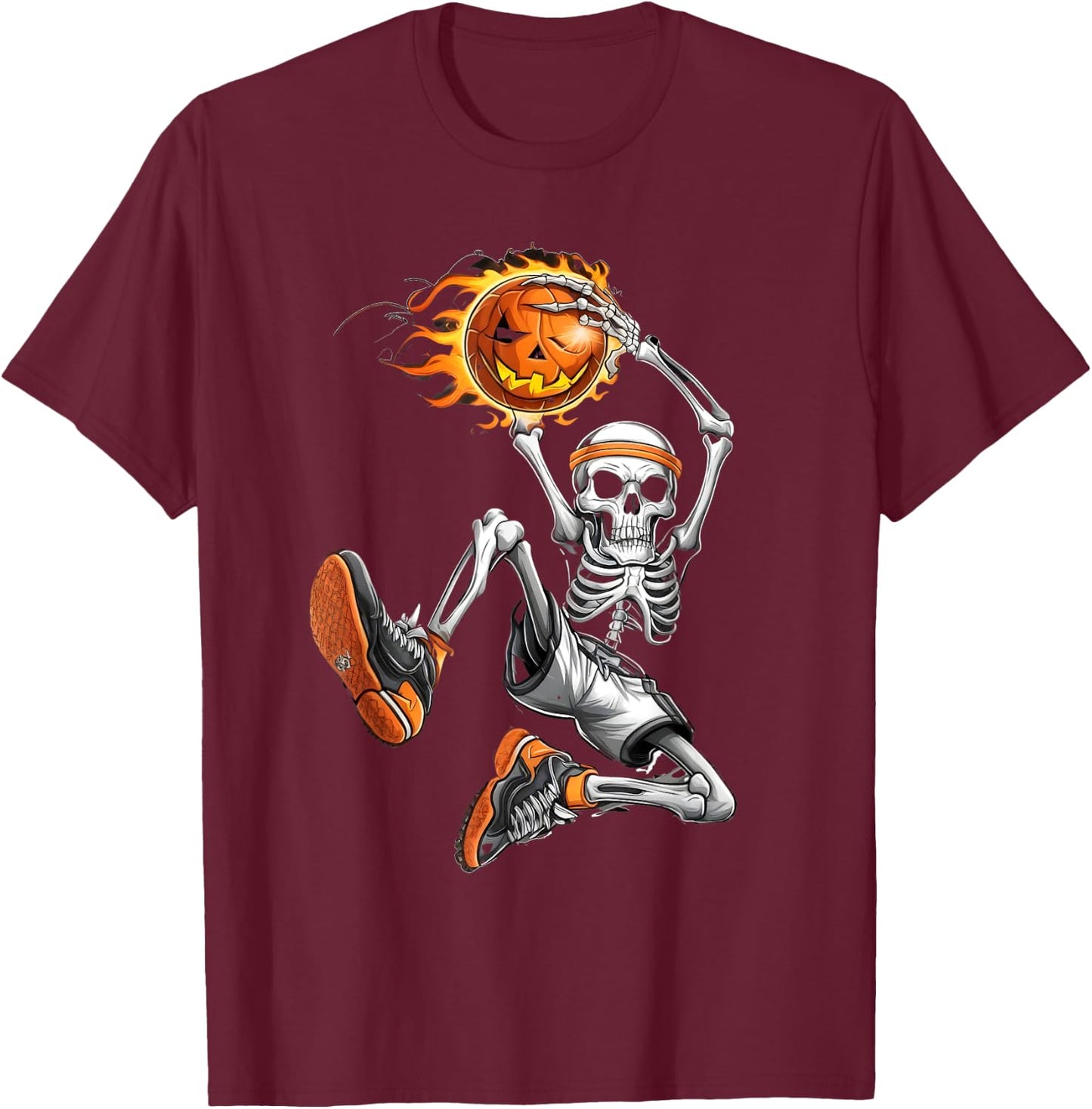 Vintage Skeleton Basketball Player with pumpking basketball T-Shirt - T-Shirt | Maroon