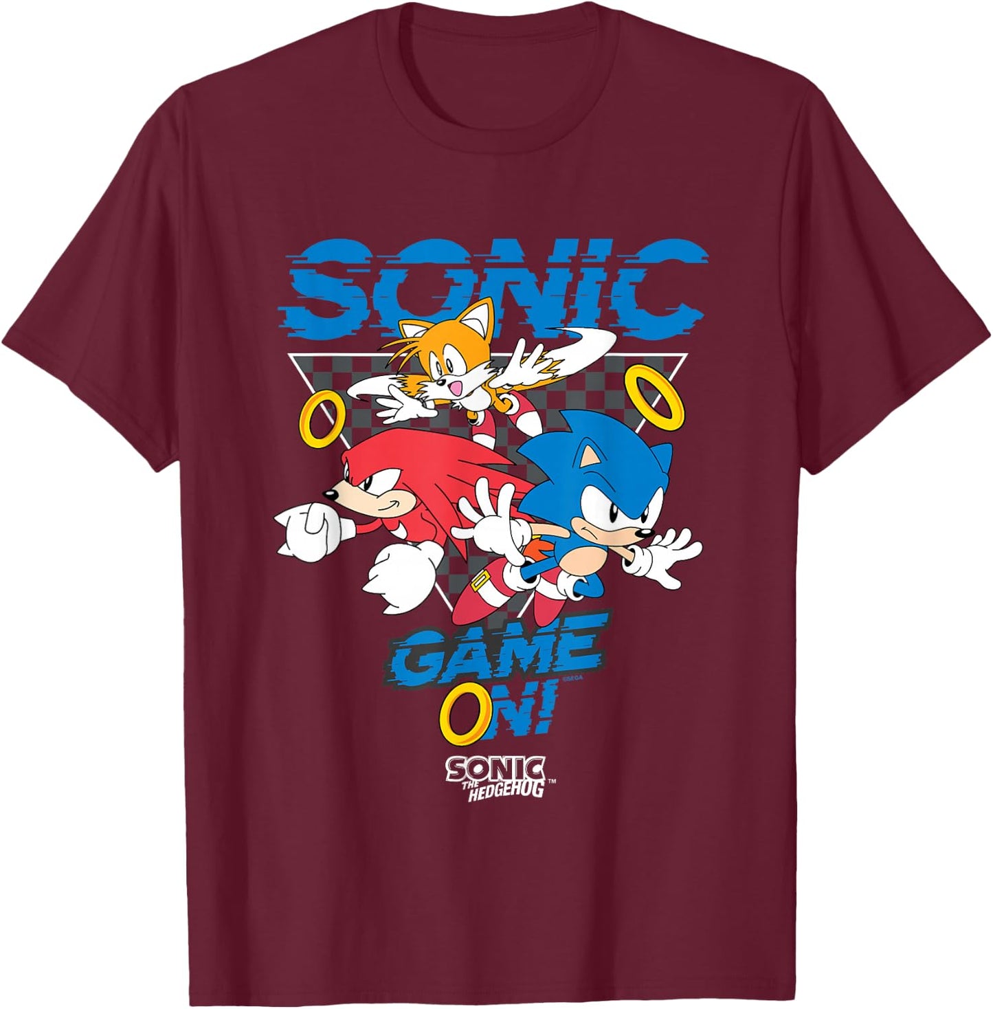 Sonic The Hedgehog Game On! Main Trio Retro Group Shot T-Shirt - T-Shirt | Maroon