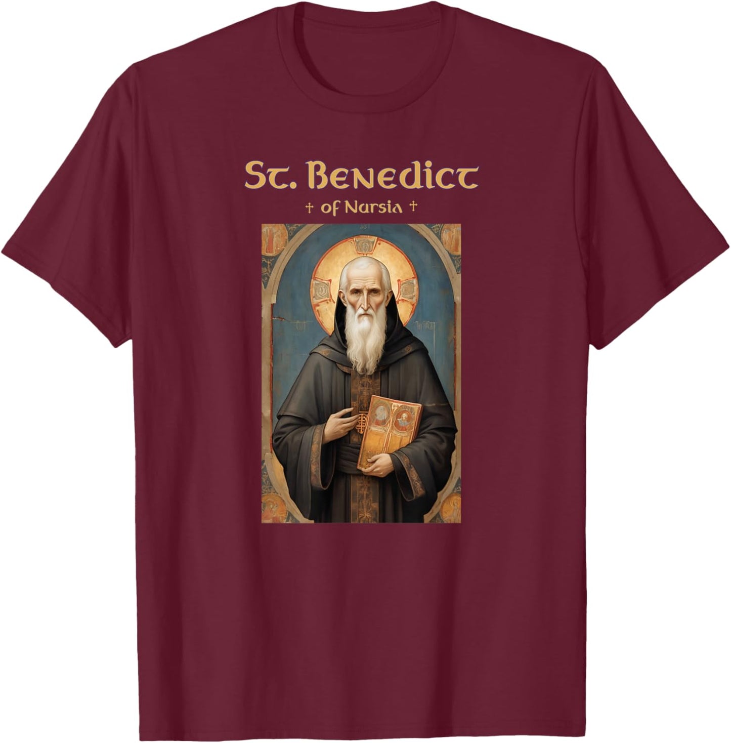 Saint Benedict Roman Catholic Icon T-Shirt - T-Shirt | Maroon