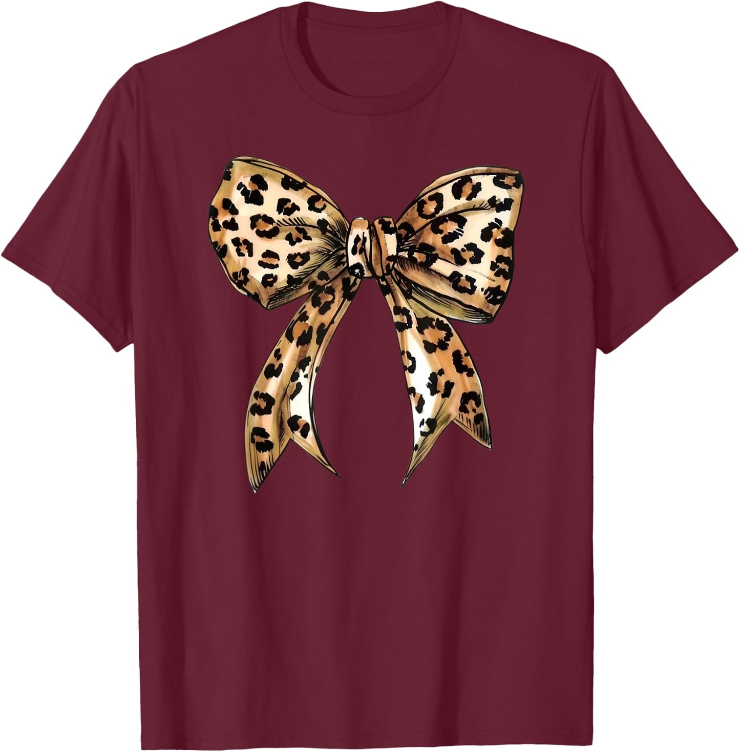Coquette Leopard Print Bow Cute Trendy Girly Girl Bow T-Shirt - T-Shirt | Maroon