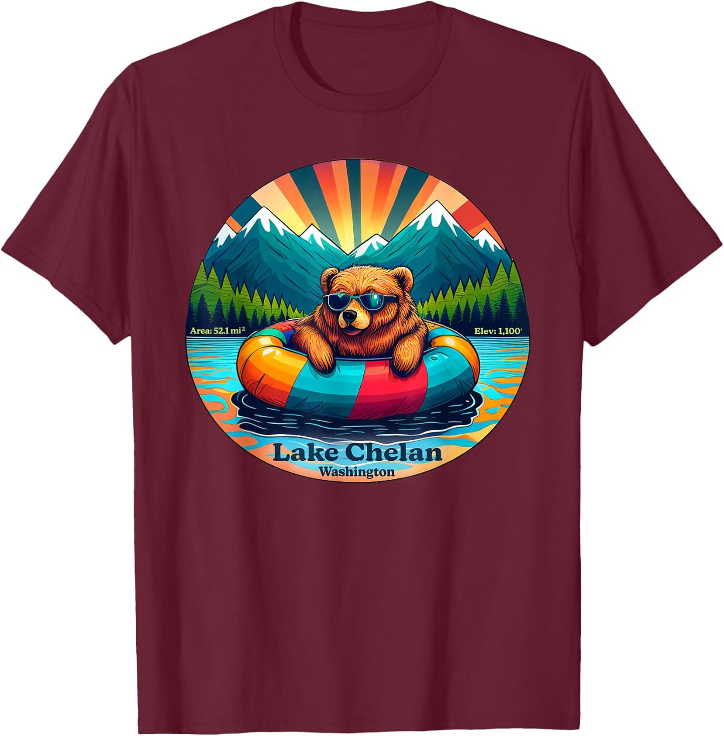 Lake Chelan, Washington Bear with Sunglasses Souvenir T-Shirt - T-Shirt | Maroon