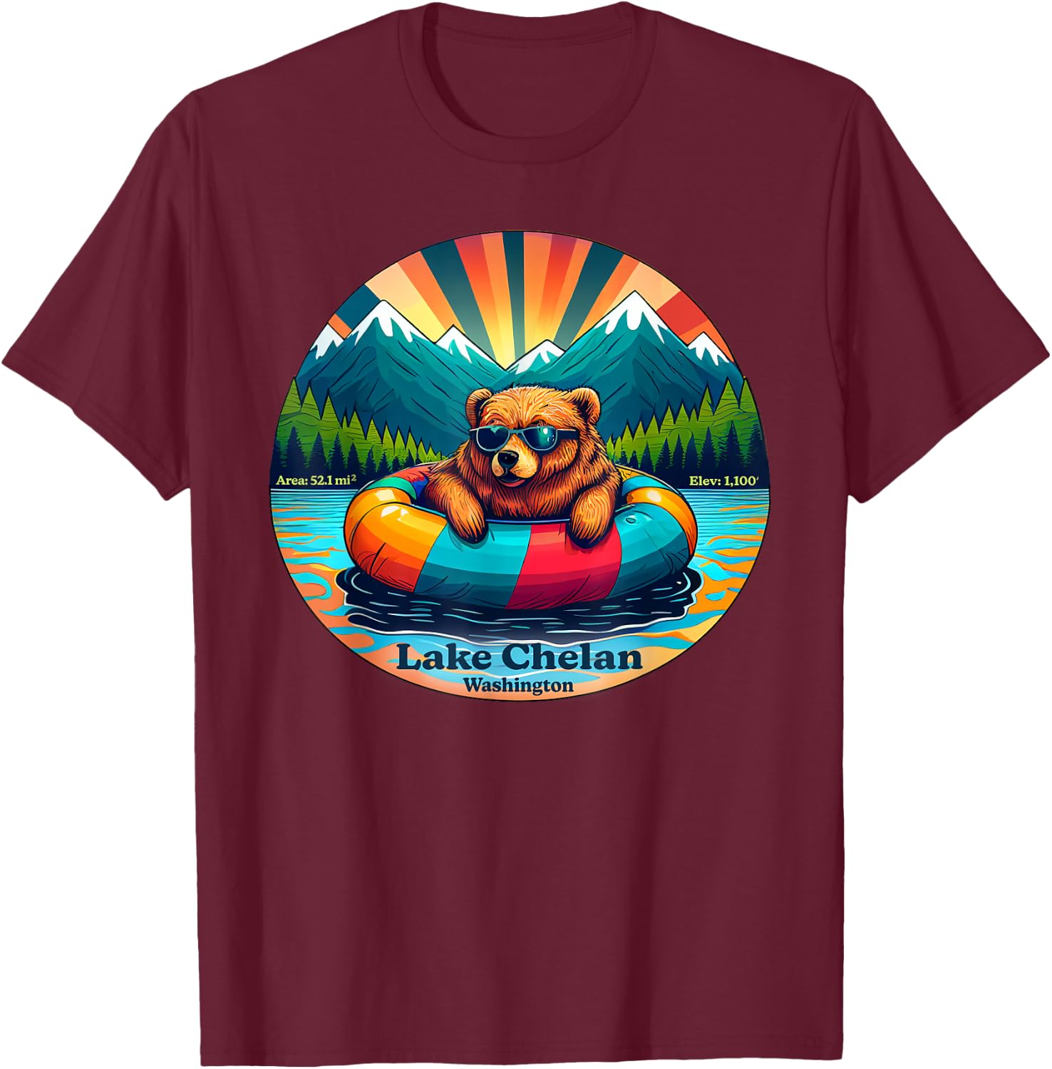 Lake Chelan, Washington Bear with Sunglasses Souvenir T-Shirt - T-Shirt | Maroon