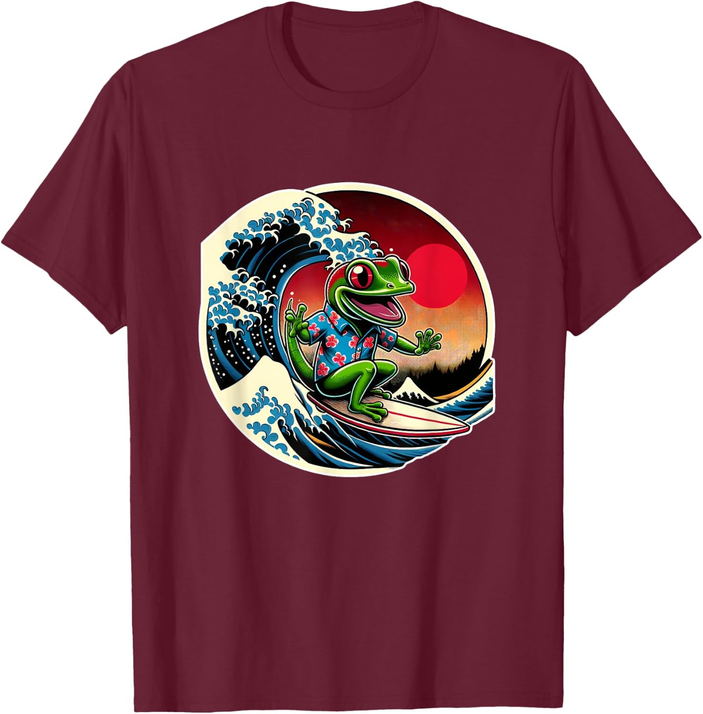 Great Wave Kanagawa Gecko Surfing T-Shirt - T-Shirt | Maroon