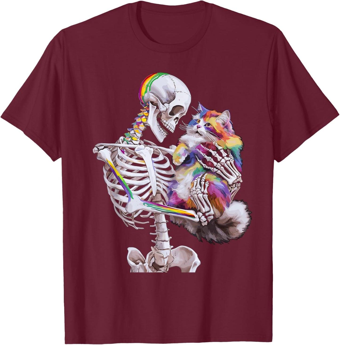 Colorful Paint Splash Cat And Skeleton Art Graphic T-Shirt - T-Shirt | Maroon