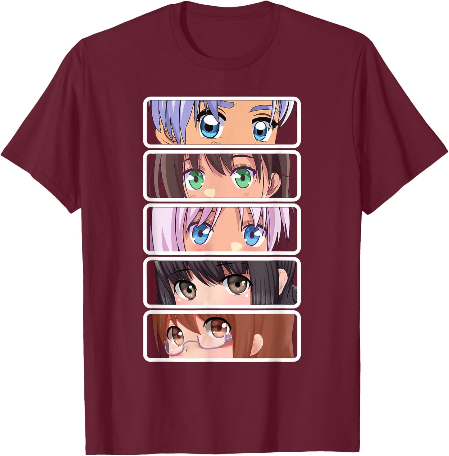 Manga Japanese Anime Graphic Faces Eyes T-Shirt - T-Shirt | Maroon