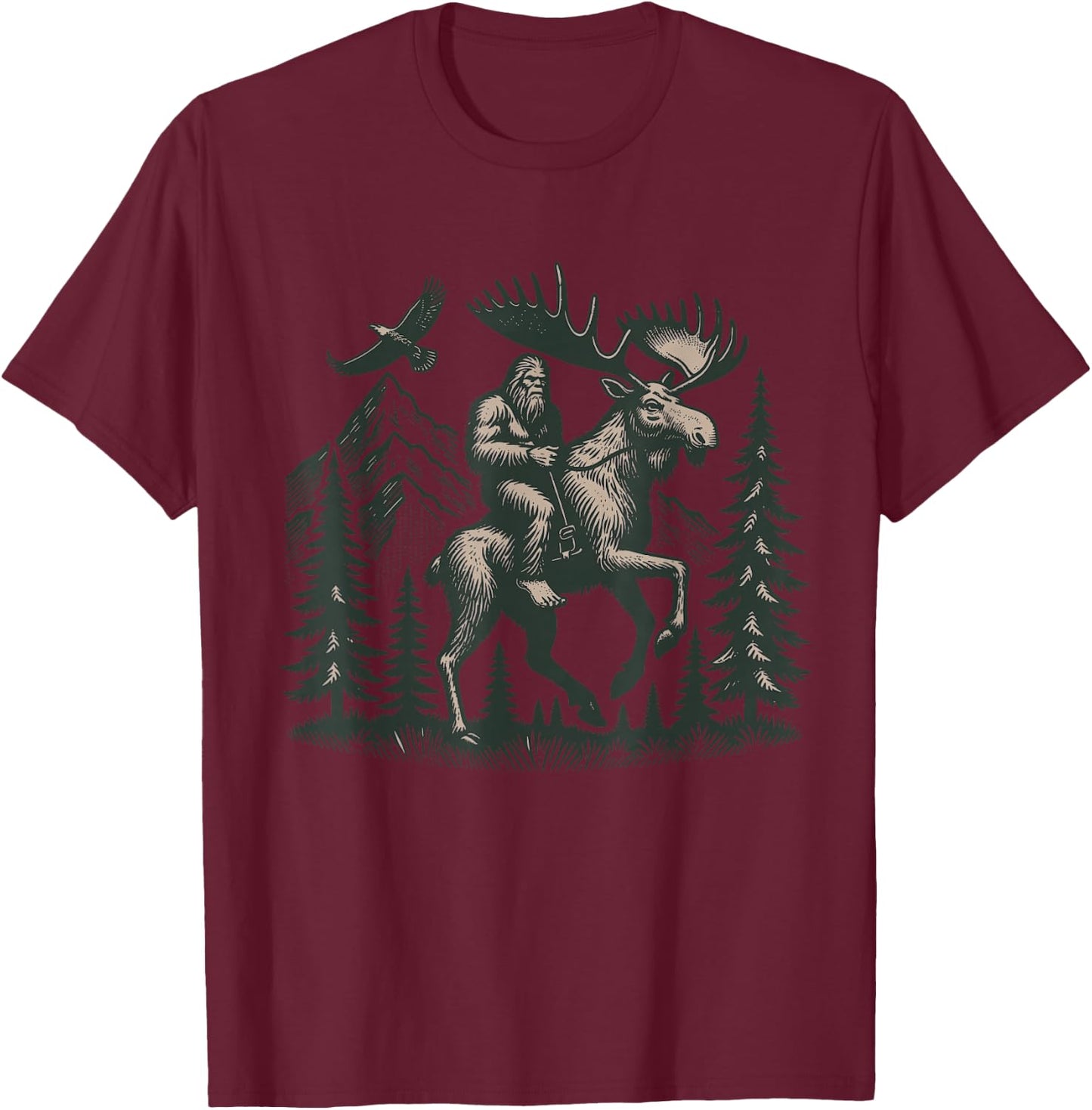 Explore Outdoors Sasquatch Creature Riding a Majestic Moose Bigfoot Adventure - -Adult, Grey, Small, Short Sleeve T-Shirt - T-Shirt | Maroon