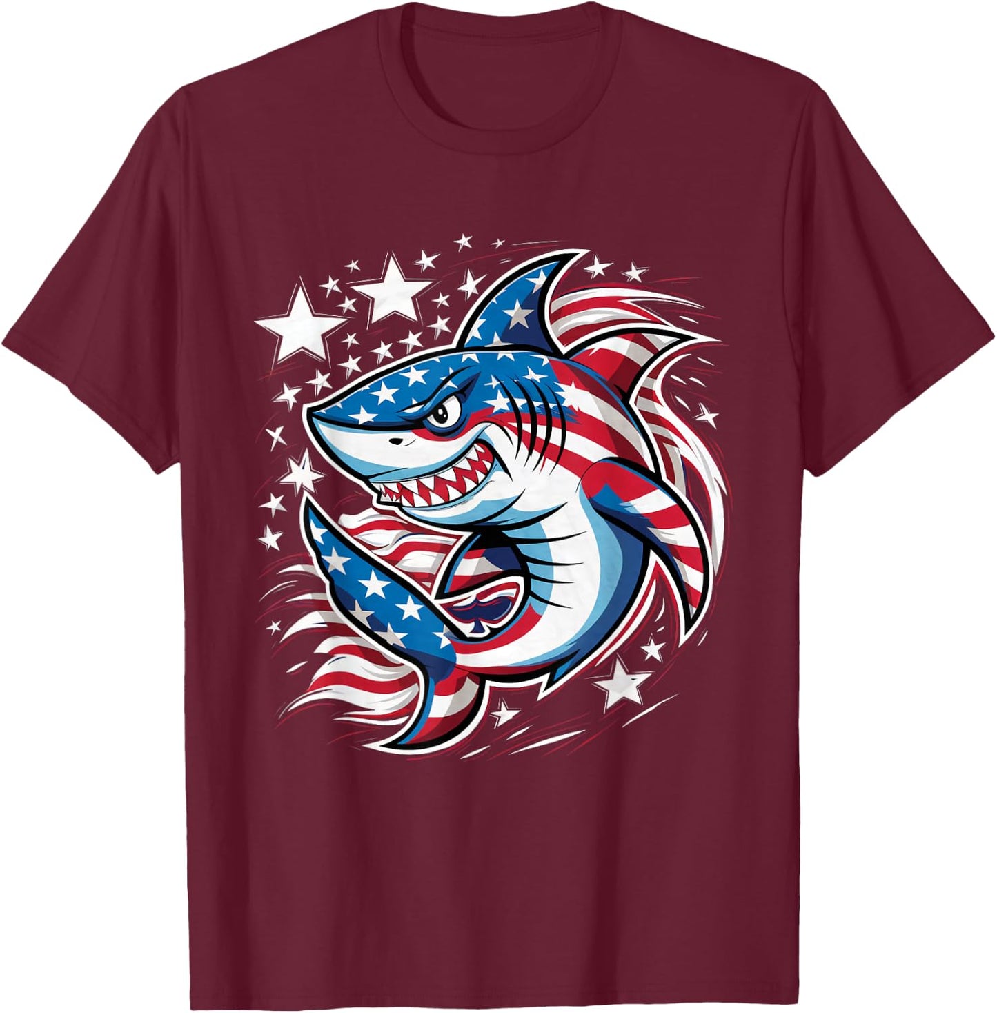 Shark American Flag USA 4th of July Funny Boys Girls Kids T-Shirt - T-Shirt | Maroon