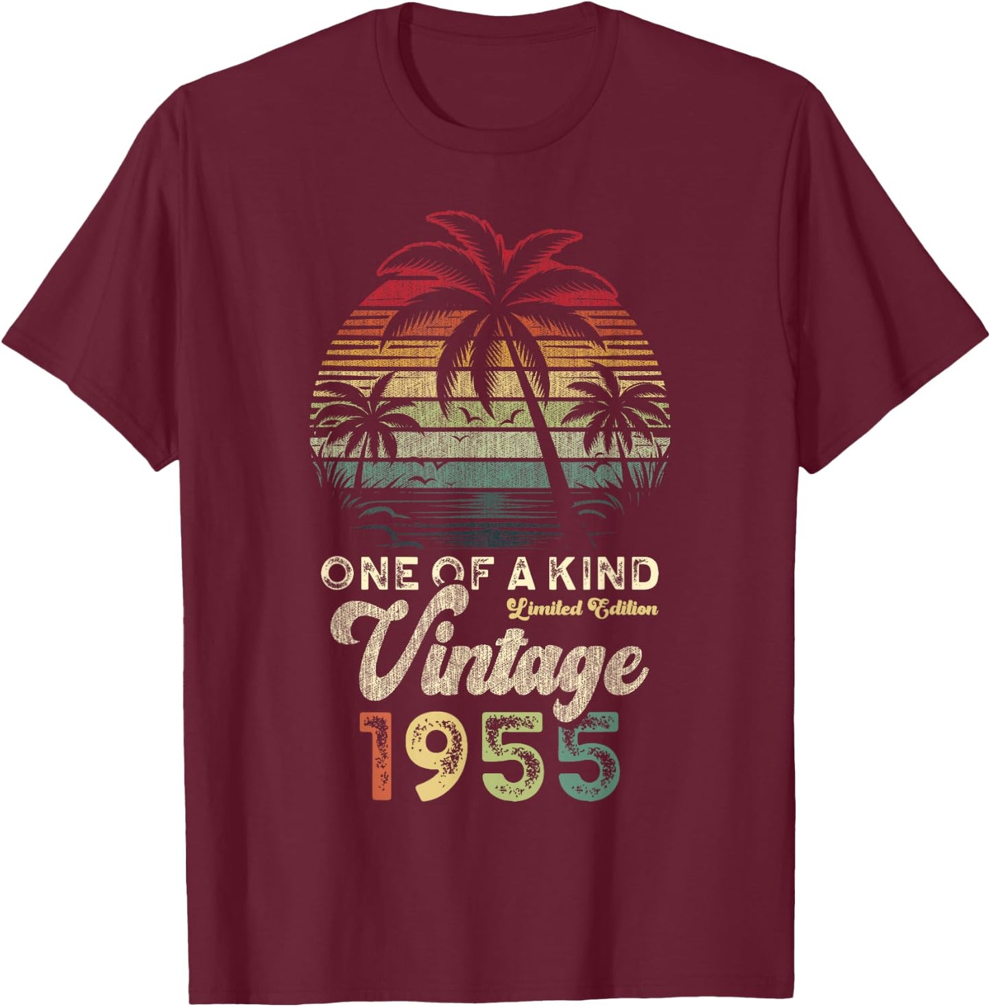 Vintage 1955 Birthday 71 Years Palm Trees Retro Sunset T-Shirt - T-Shirt | Maroon