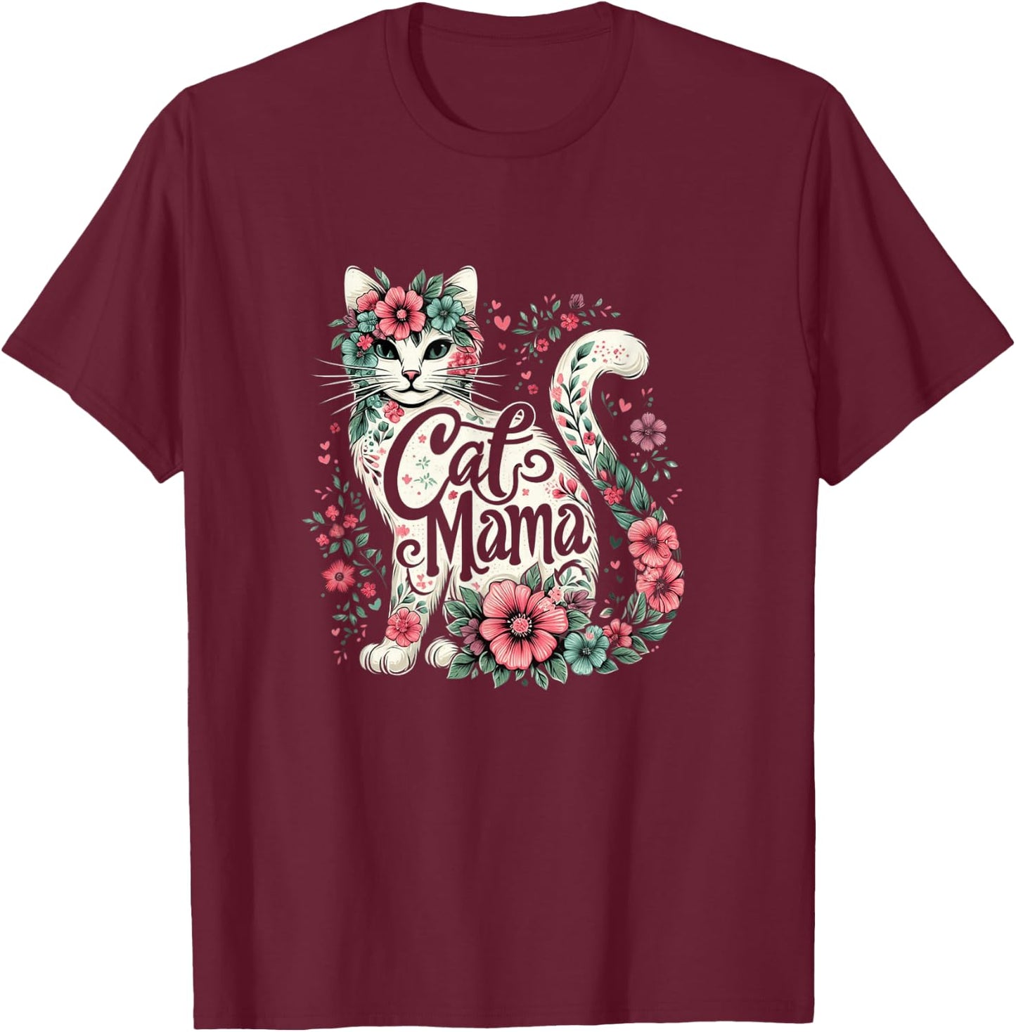 Cat Mama Cute Flower Cat Mother's Day Floral Cat Mom T-Shirt - T-Shirt | Maroon