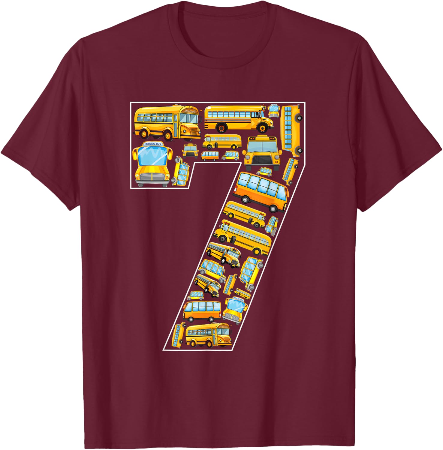 7th Birthday School Bus Theme 7 Years Old Kids Birthday T-Shirt - T-Shirt | Maroon
