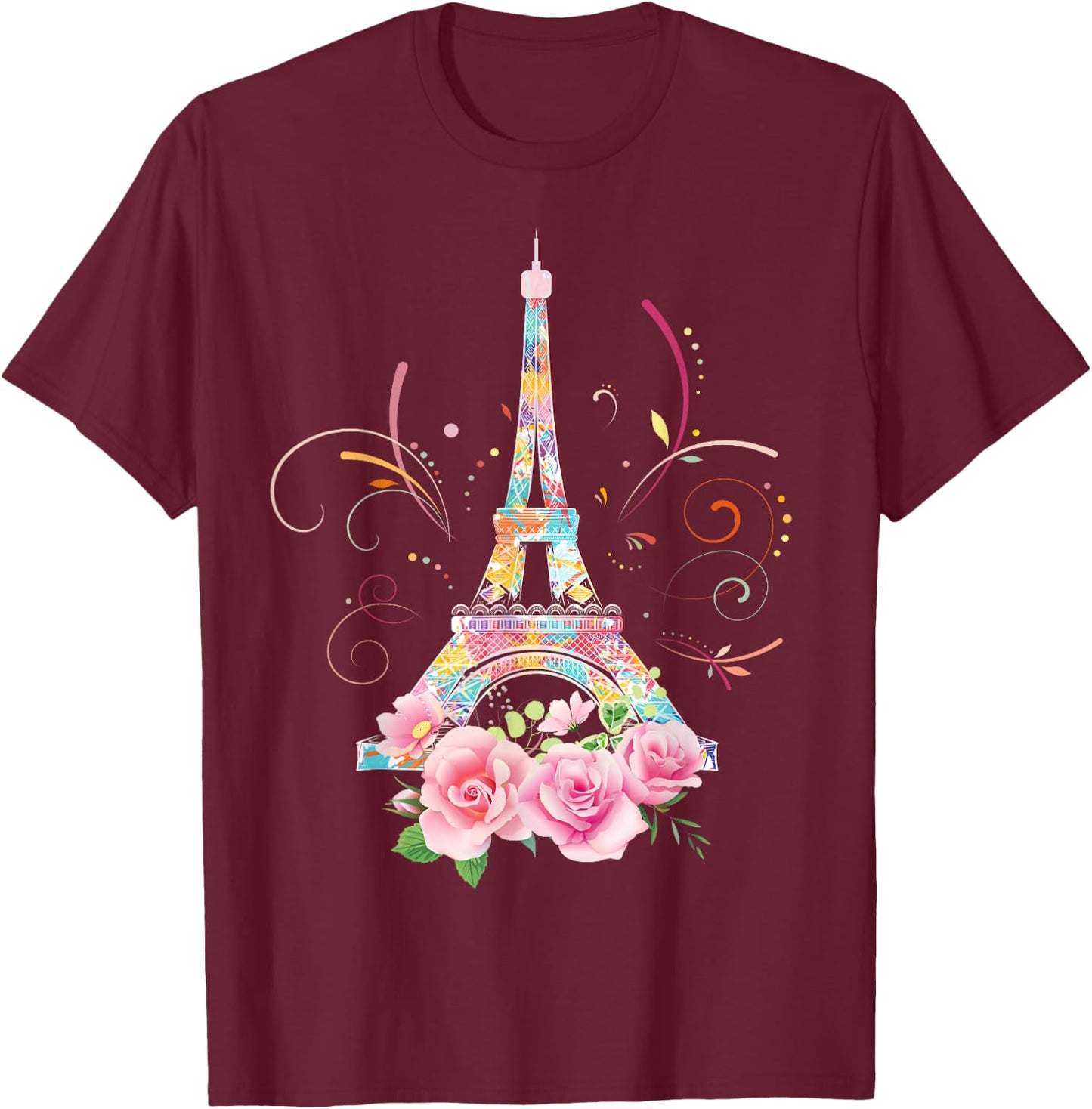 Colorful Eiffel Tower of Paris in France Parisian Rose T-Shirt - T-Shirt | Maroon
