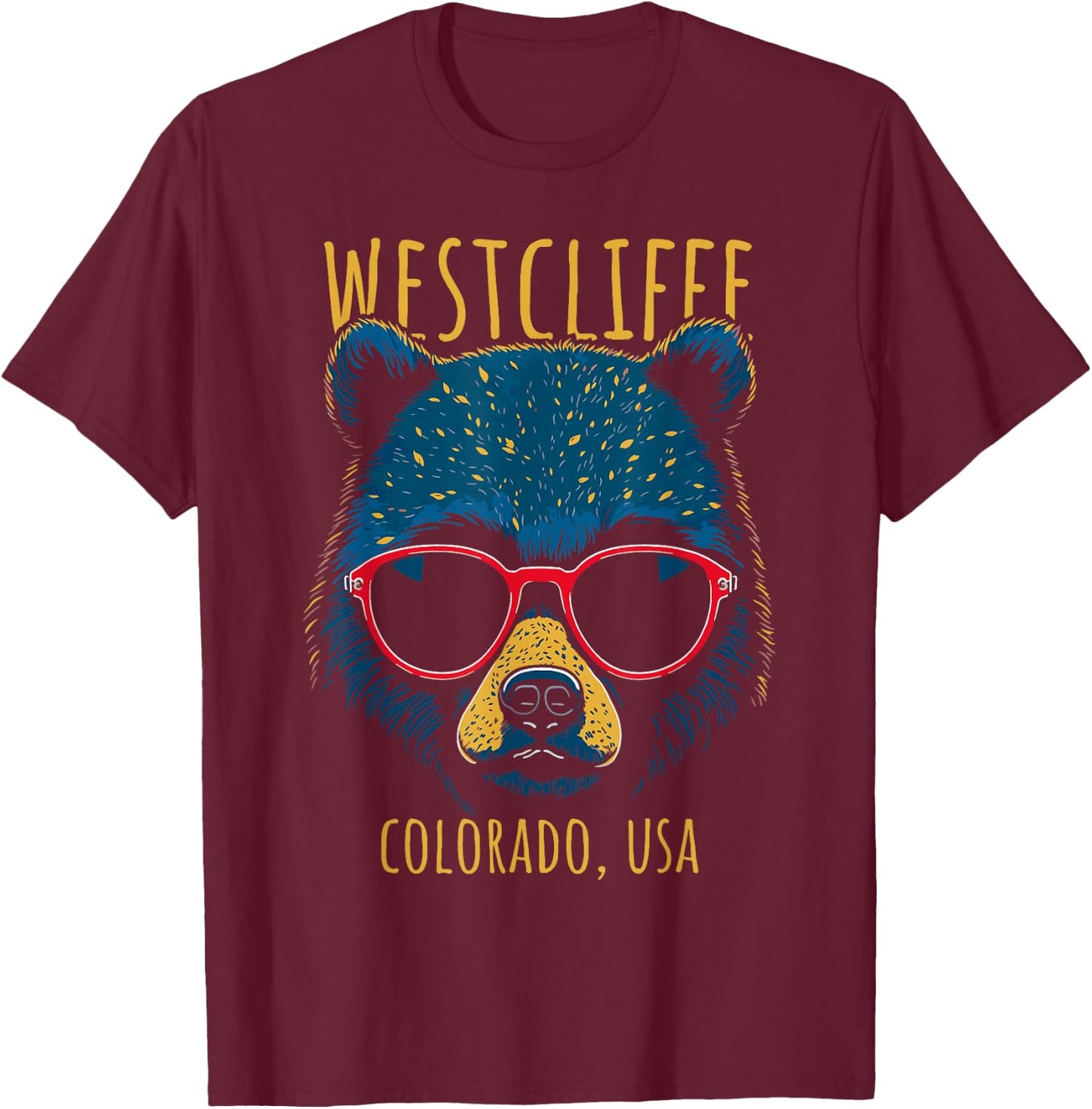 Westcliffe Colorado USA Bear Wearing Sunglasses Design T-Shirt - T-Shirt | Maroon
