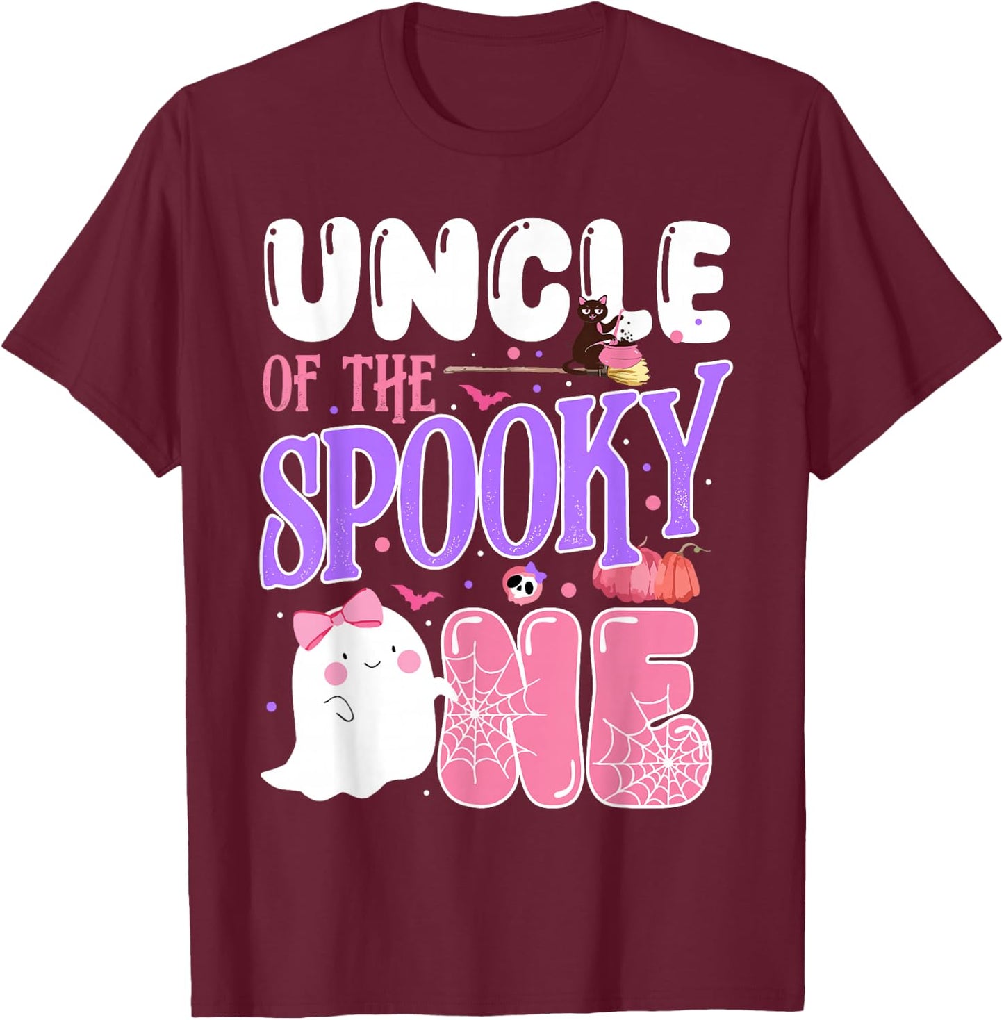 Uncle Of The Spooky One 1st Birthday Halloween Pink Ghost T-Shirt - T-Shirt | Maroon