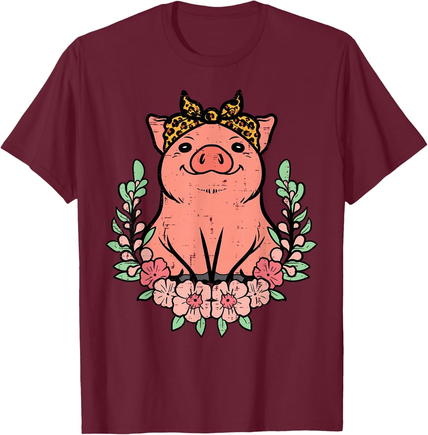 Pig Leopard Bandana Hog Farm Animal Mom Women Girls Kids T-Shirt - T-Shirt | Maroon