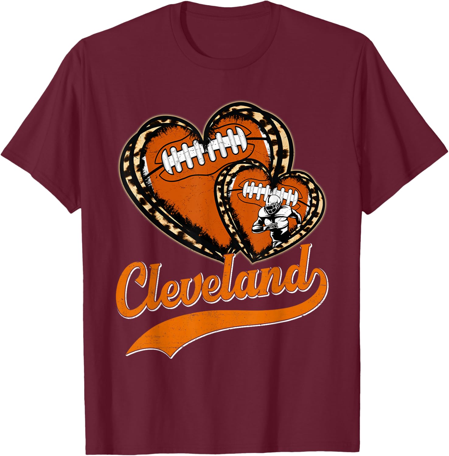 Vintage Leopard Heart Cleveland Football Player Sport Fans T-Shirt - T-Shirt | Maroon