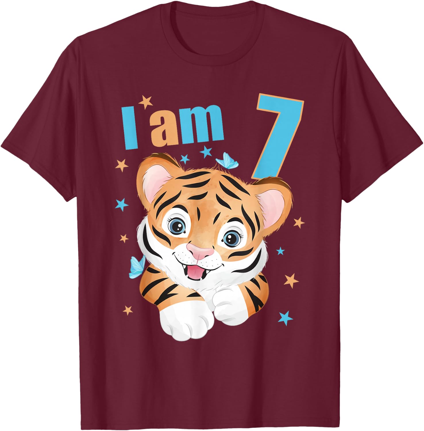 7 Years old 7 birthday outfit Boy girl Tiger T-Shirt - T-Shirt | Maroon