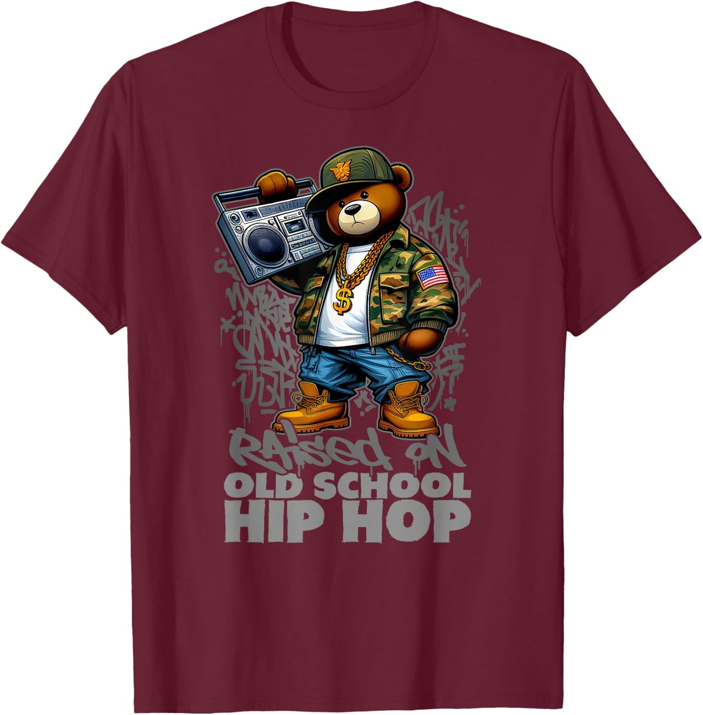 RAISED ON OLD SCHOOL HIP HOP Teddy Bear 80s 90s Hip Hop T-Shirt - T-Shirt | Maroon