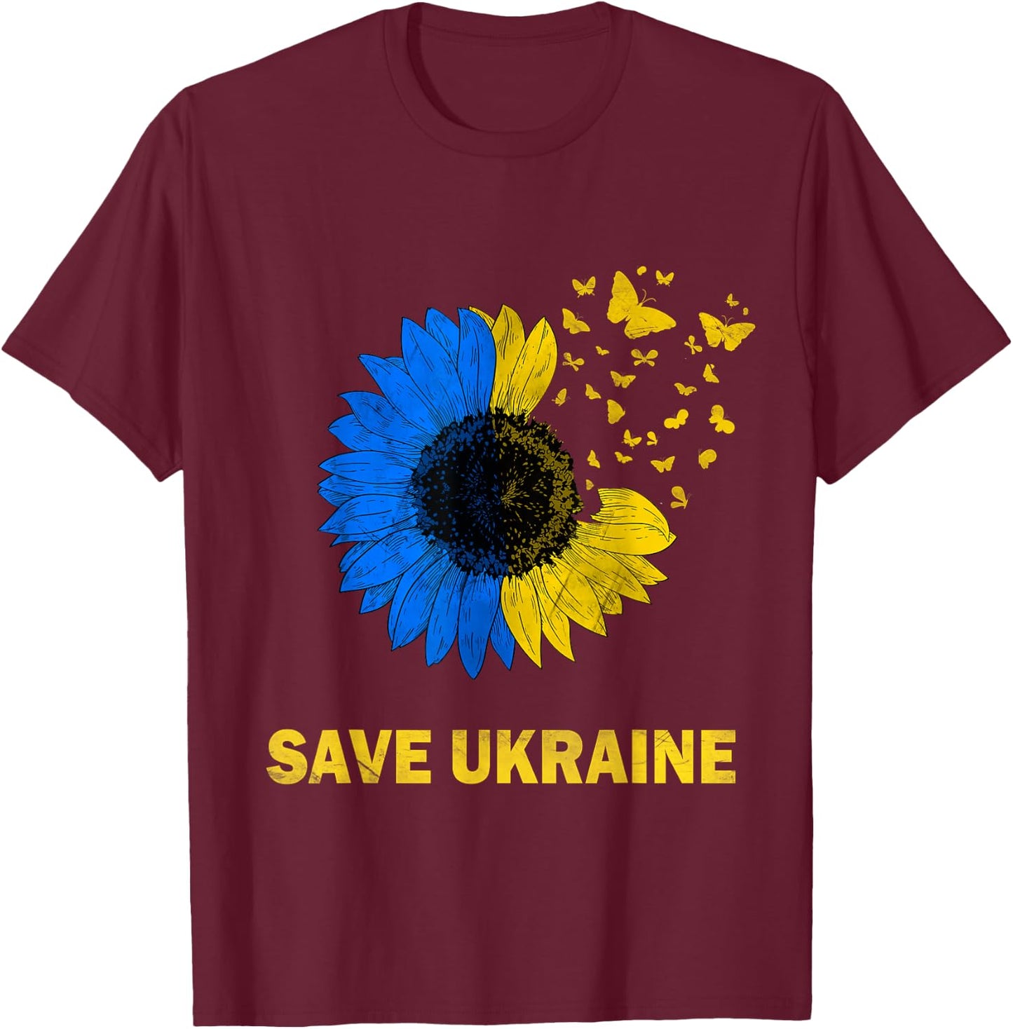 Save Ukraine Sunflower Butterflies I Stand With Ukraine Flag T-Shirt - T-Shirt | Maroon
