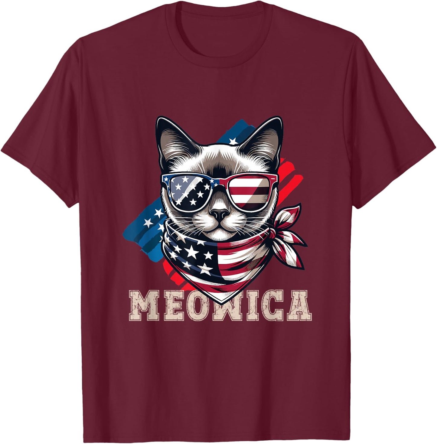 American Flag Funny Cat Meme Patriotic Meowica USA Apparel T-Shirt - T-Shirt | Maroon